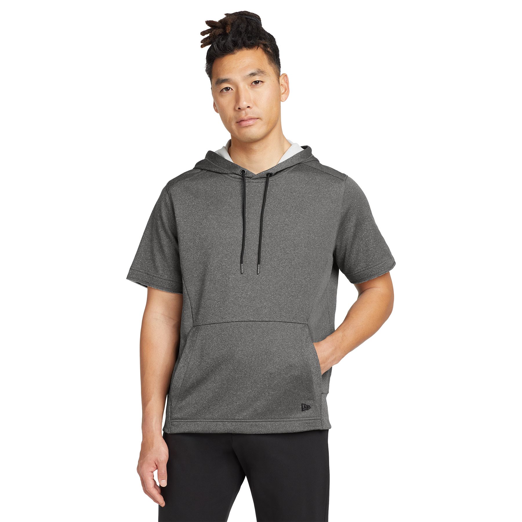 Graphite Heather New Era Performance Terry Short Sleeve Hoodie, a short-sleeve hooded pullover for casual layering