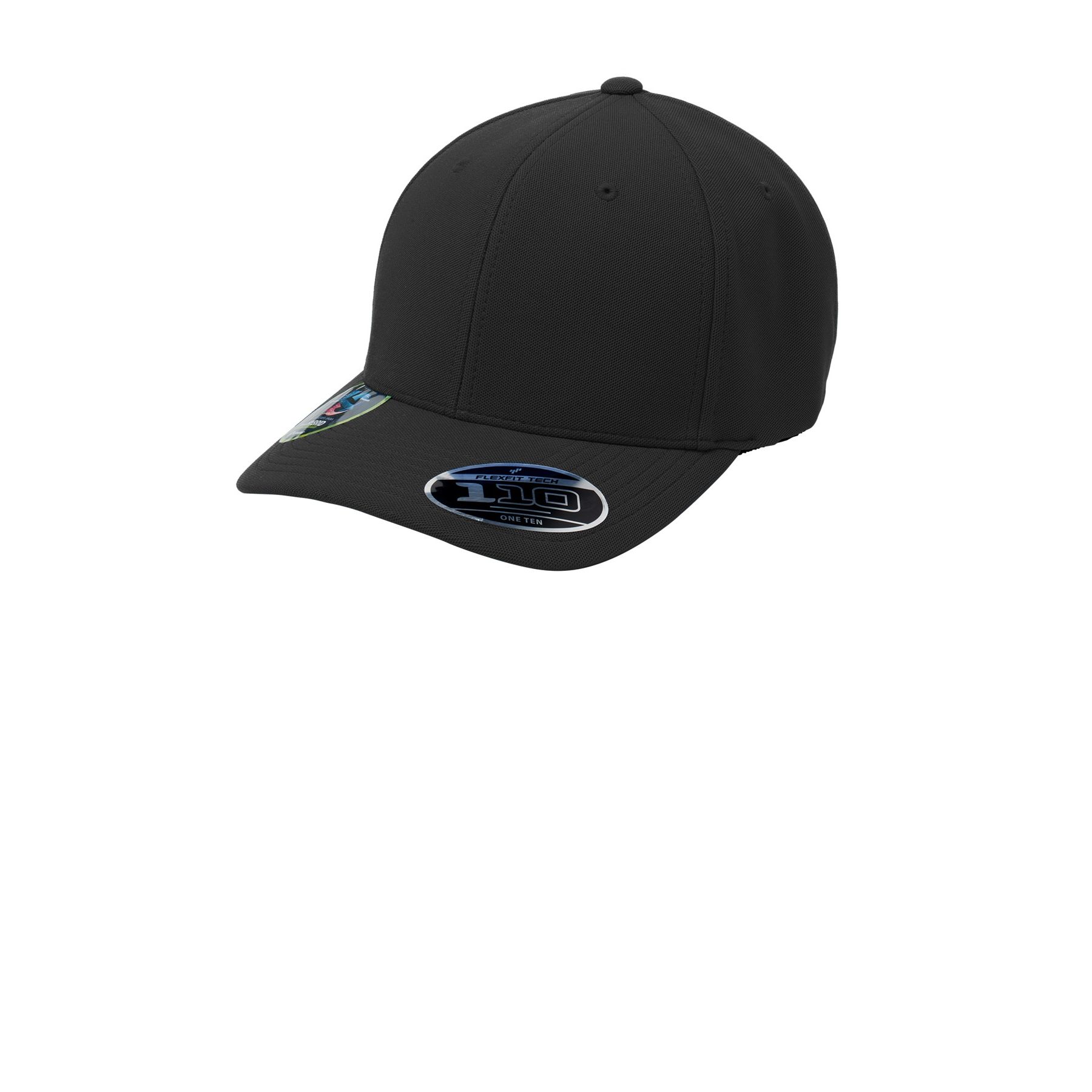 Black Port Authority Flexfit 110 Cool & Dry Mini Pique Cap, featuring a structured mid-profile fit, curved bill, and adjustable hook-and-loop closure, made from 91/9 poly mini pique and spandex for everyday casual wear.