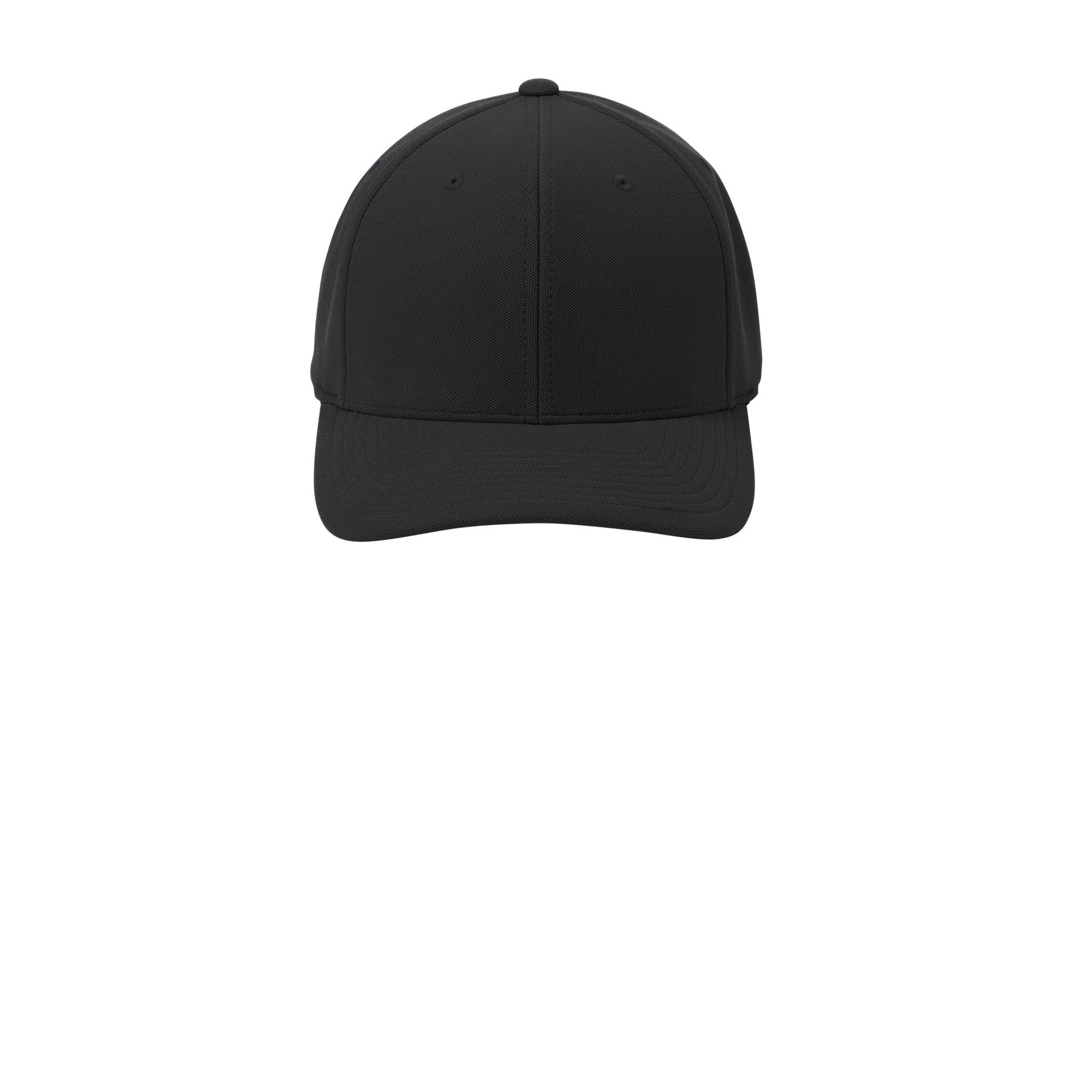Black Port Authority Flexfit 110 Cool & Dry Mini Pique Cap, featuring a structured mid-profile fit, curved bill, and adjustable hook-and-loop closure, made from 91/9 poly mini pique and spandex for everyday casual wear.