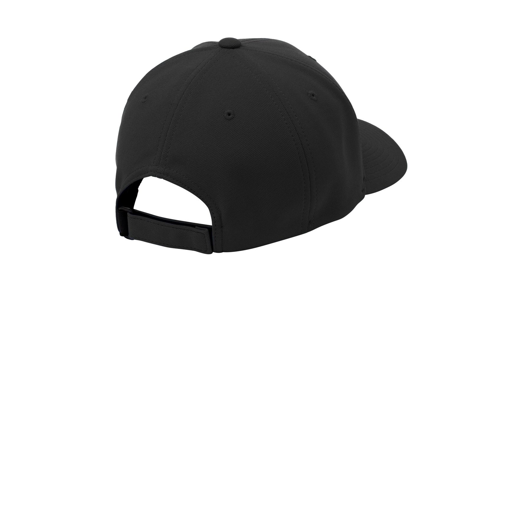 Black Port Authority Flexfit 110 Cool & Dry Mini Pique Cap, featuring a structured mid-profile fit, curved bill, and adjustable hook-and-loop closure, made from 91/9 poly mini pique and spandex for everyday casual wear.