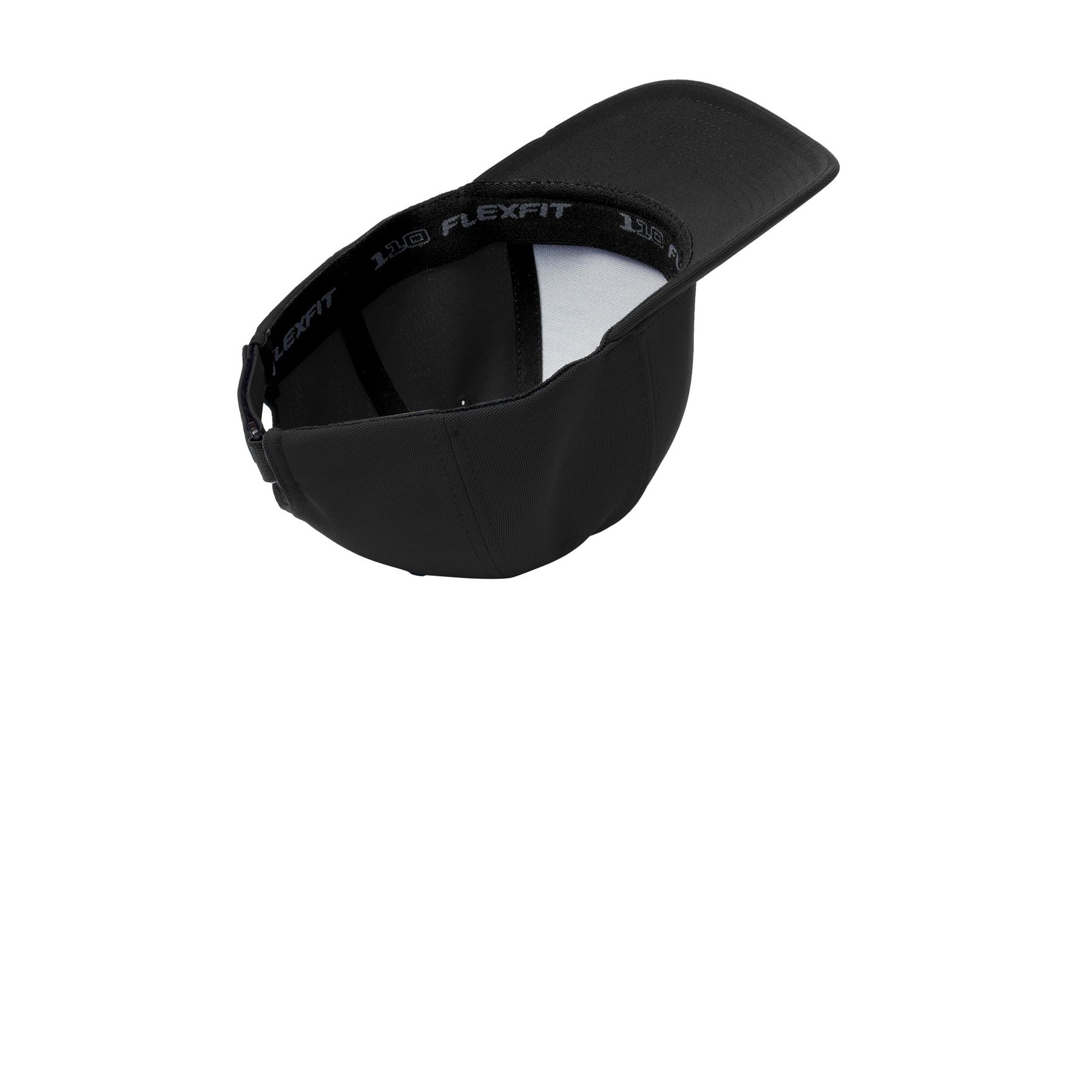 Black Port Authority Flexfit 110 Cool & Dry Mini Pique Cap, featuring a structured mid-profile fit, curved bill, and adjustable hook-and-loop closure, made from 91/9 poly mini pique and spandex for everyday casual wear.