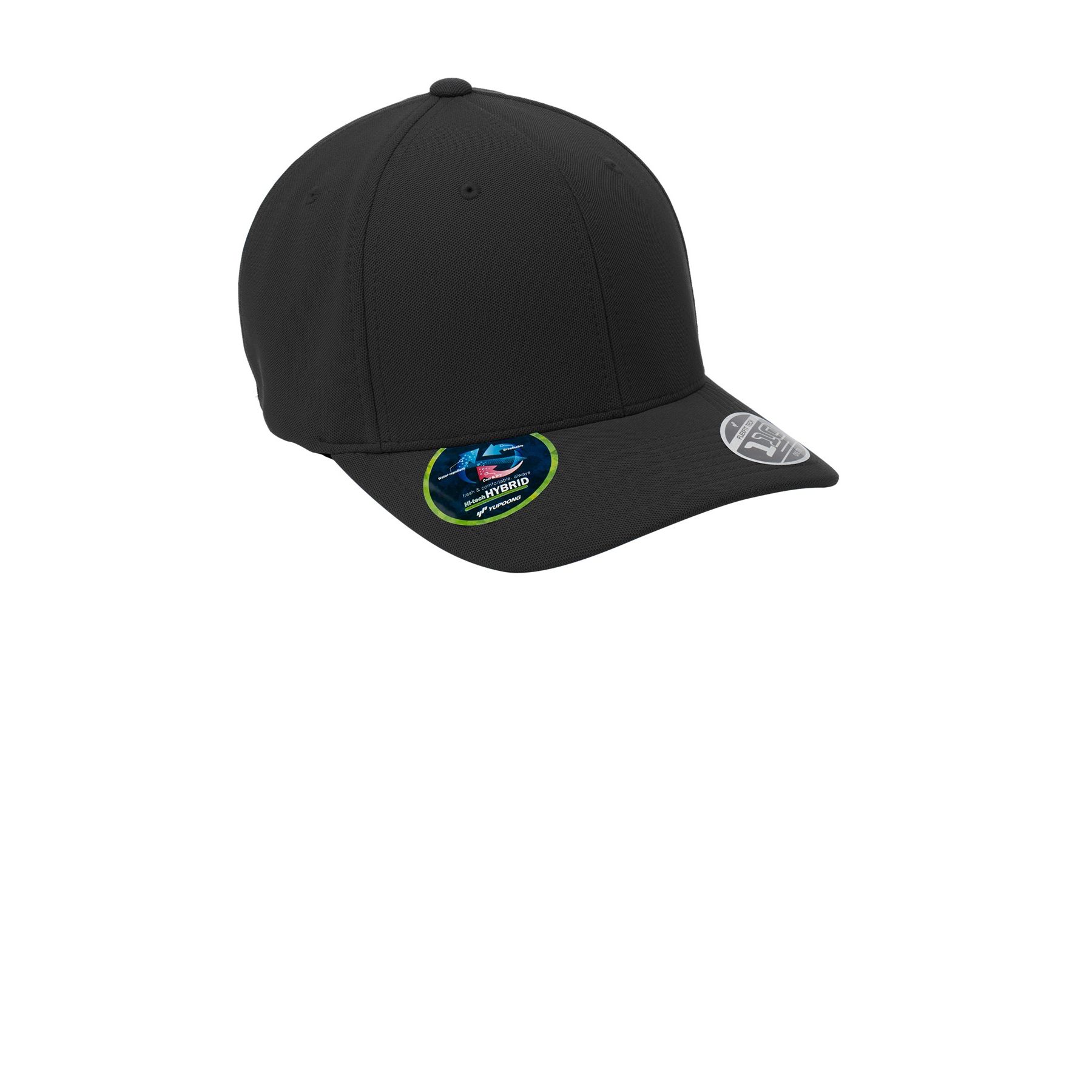 Black Port Authority Flexfit 110 Cool & Dry Mini Pique Cap, featuring a structured mid-profile fit, curved bill, and adjustable hook-and-loop closure, made from 91/9 poly mini pique and spandex for everyday casual wear.