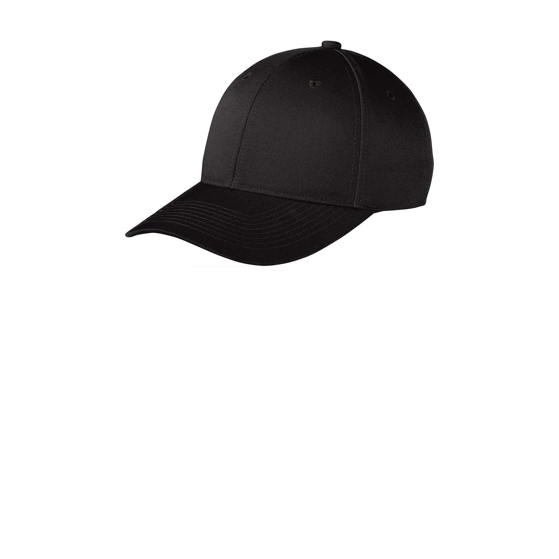 Black Port Authority Snapback Fine Twill Cap, featuring a structured mid-profile crown made from 65/35 polyester-cotton twill, a pre-curved visor, and a 7-position adjustable snapback closure for a customizable fit and everyday casual wear.
