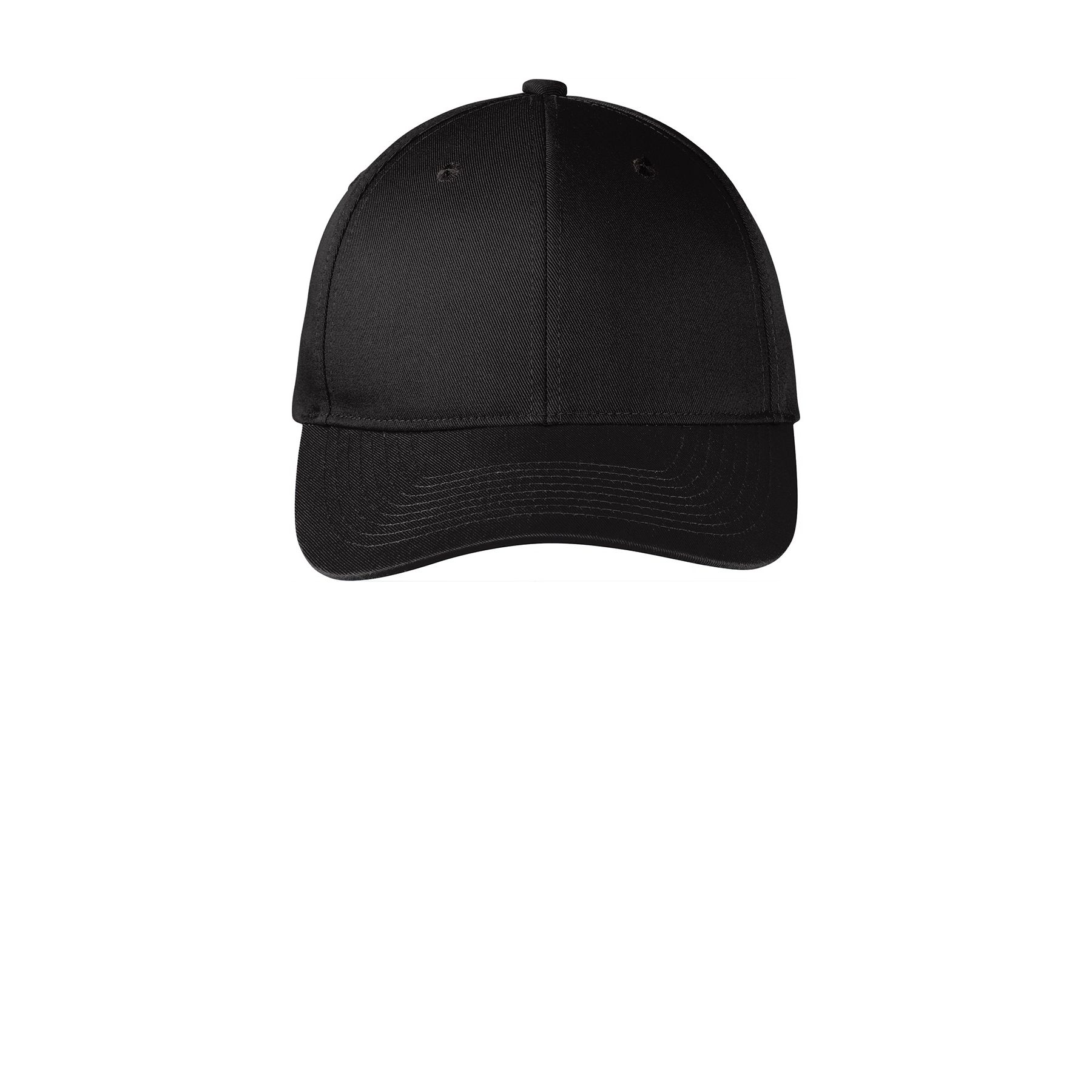 Black Port Authority Snapback Fine Twill Cap, featuring a structured mid-profile crown made from 65/35 polyester-cotton twill, a pre-curved visor, and a 7-position adjustable snapback closure for a customizable fit and everyday casual wear.