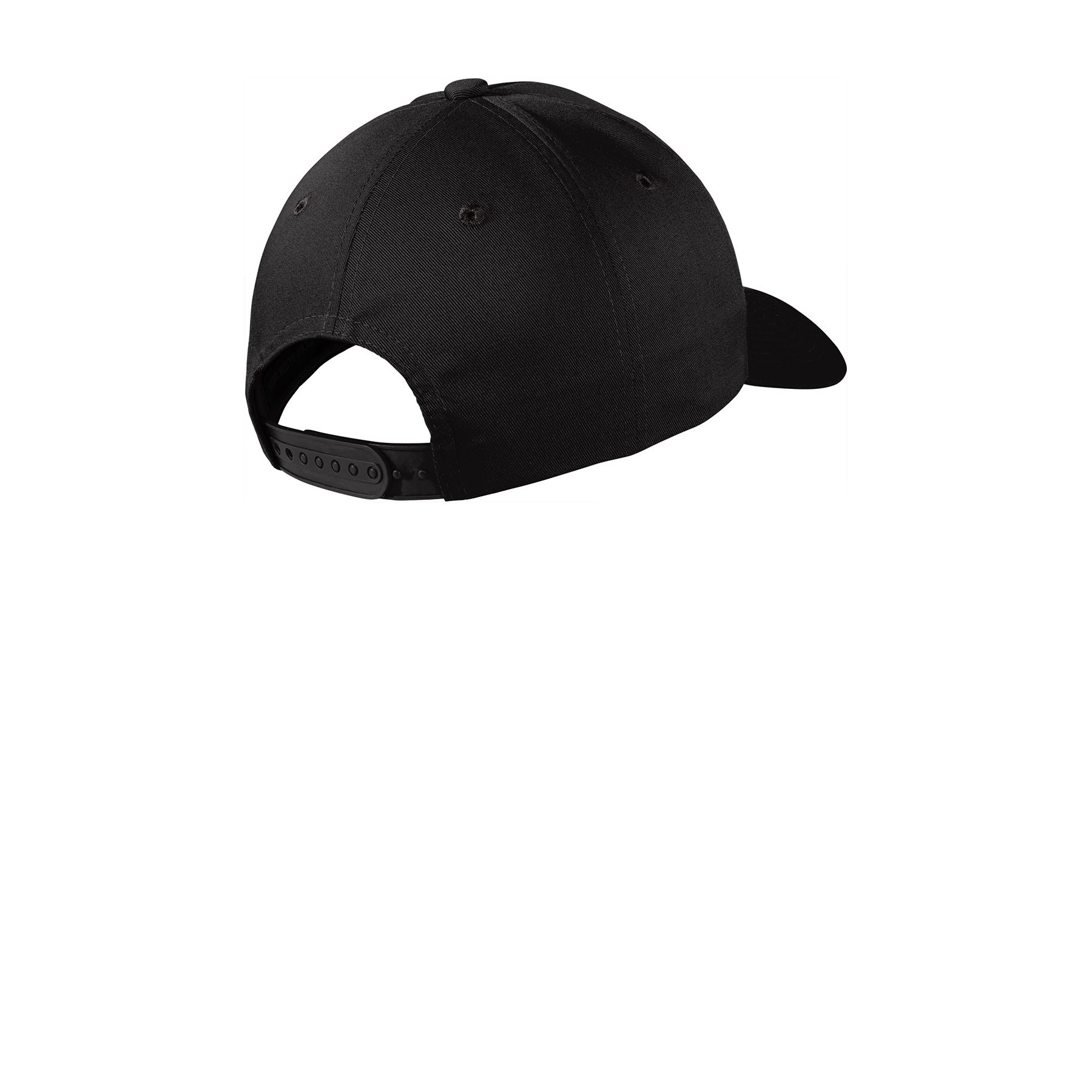 Black Port Authority Snapback Fine Twill Cap, featuring a structured mid-profile crown made from 65/35 polyester-cotton twill, a pre-curved visor, and a 7-position adjustable snapback closure for a customizable fit and everyday casual wear.