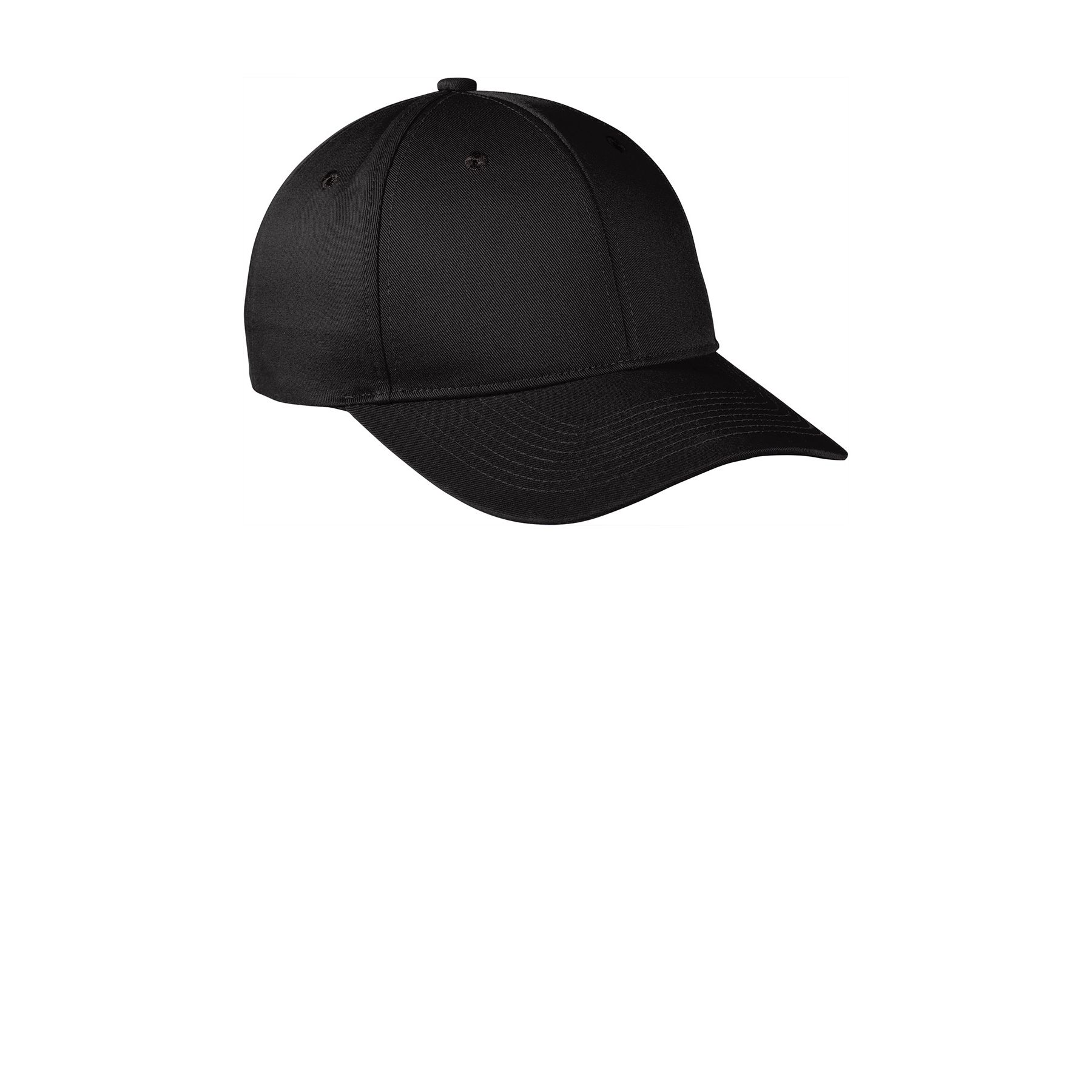 Black Port Authority Snapback Fine Twill Cap, featuring a structured mid-profile crown made from 65/35 polyester-cotton twill, a pre-curved visor, and a 7-position adjustable snapback closure for a customizable fit and everyday casual wear.