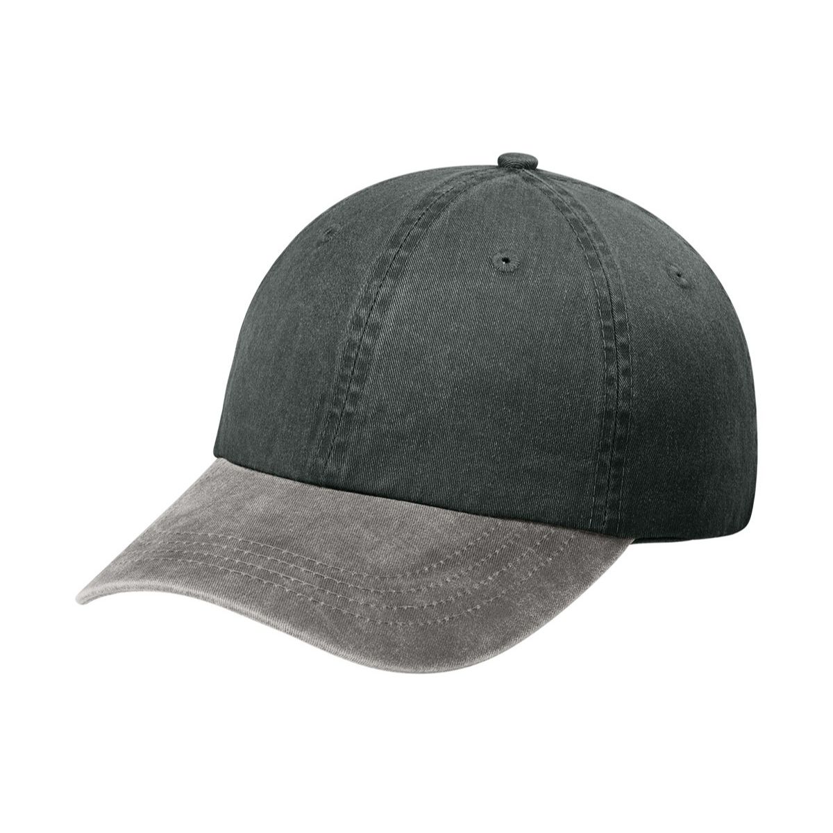 Black/Pebble Port Authority Two-Tone Pigment-Dyed Cap, featuring 100% cotton twill with a garment-washed finish, unstructured low-profile crown, curved visor, and self-fabric slide closure with brass buckle and grommet for adjustable casual fit.