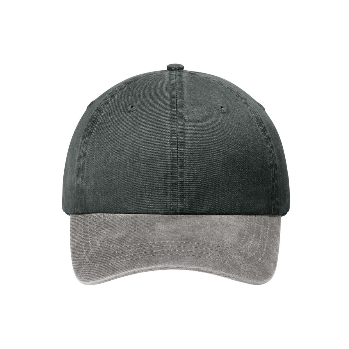 Black/Pebble Port Authority Two-Tone Pigment-Dyed Cap, featuring 100% cotton twill with a garment-washed finish, unstructured low-profile crown, curved visor, and self-fabric slide closure with brass buckle and grommet for adjustable casual fit.