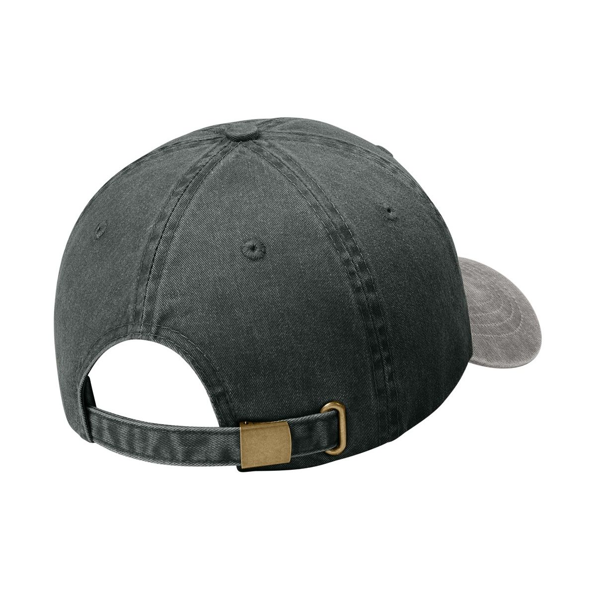 Black/Pebble Port Authority Two-Tone Pigment-Dyed Cap, featuring 100% cotton twill with a garment-washed finish, unstructured low-profile crown, curved visor, and self-fabric slide closure with brass buckle and grommet for adjustable casual fit.
