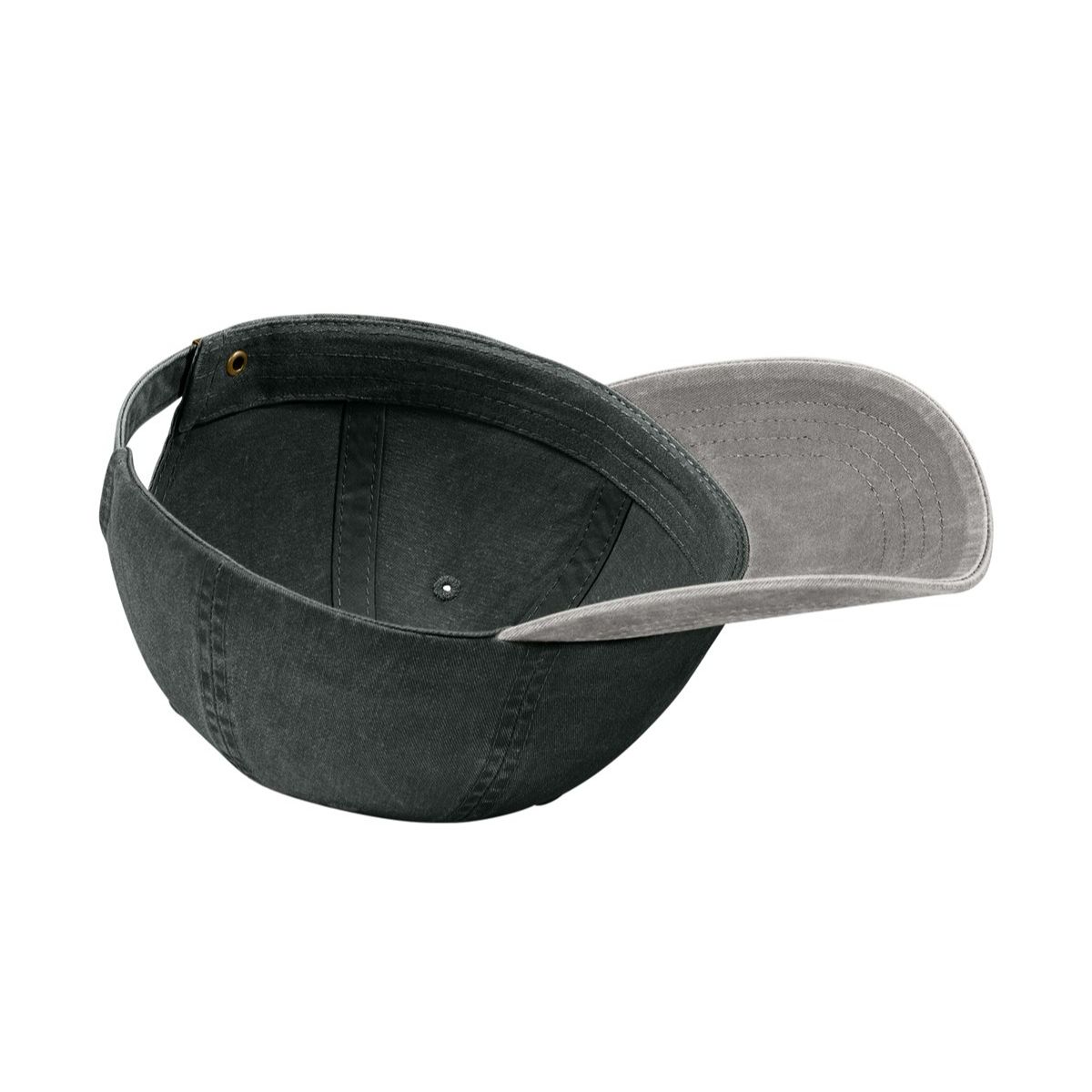 Black/Pebble Port Authority Two-Tone Pigment-Dyed Cap, featuring 100% cotton twill with a garment-washed finish, unstructured low-profile crown, curved visor, and self-fabric slide closure with brass buckle and grommet for adjustable casual fit.
