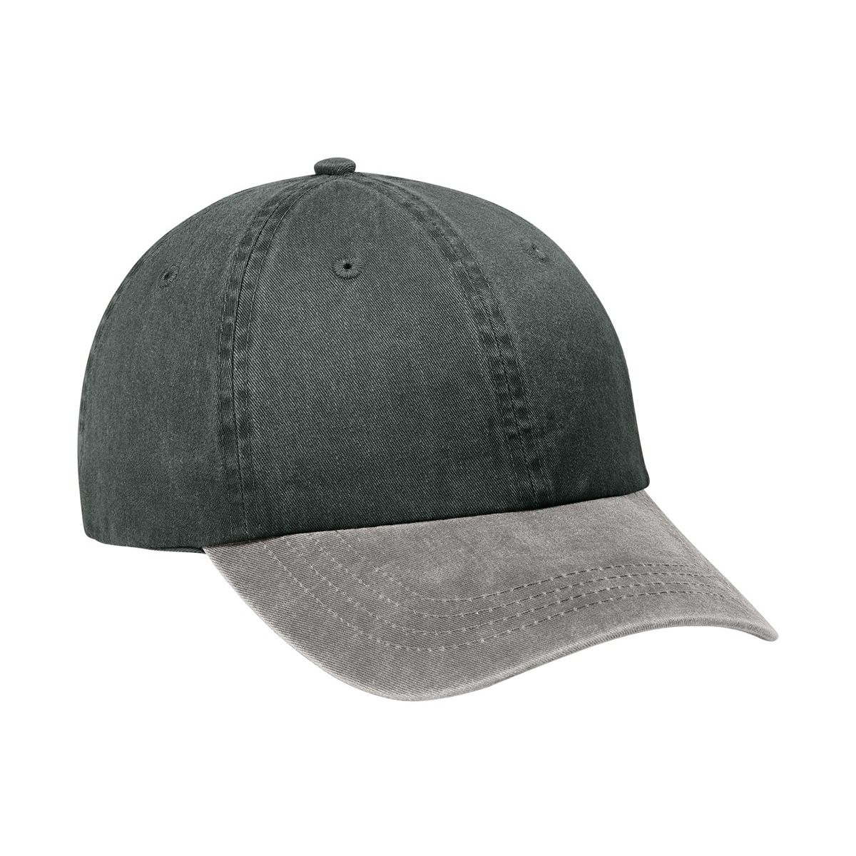 Black/Pebble Port Authority Two-Tone Pigment-Dyed Cap, featuring 100% cotton twill with a garment-washed finish, unstructured low-profile crown, curved visor, and self-fabric slide closure with brass buckle and grommet for adjustable casual fit.