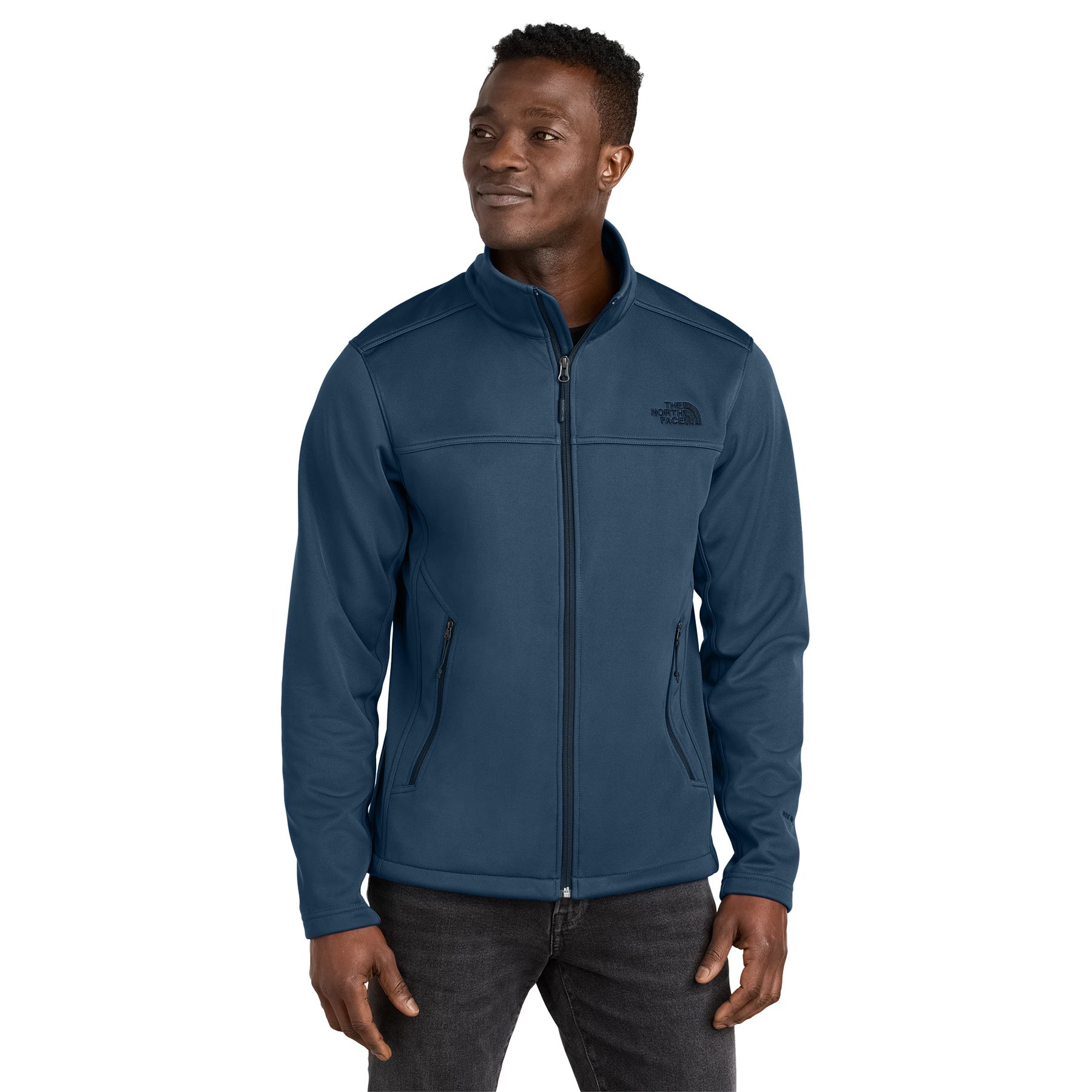 Shady Blue wind-resistant soft shell jacket made from recycled polyester with durable water-repellent finish, full-zip front, zippered hand pockets, and warm gridded fleece interior.