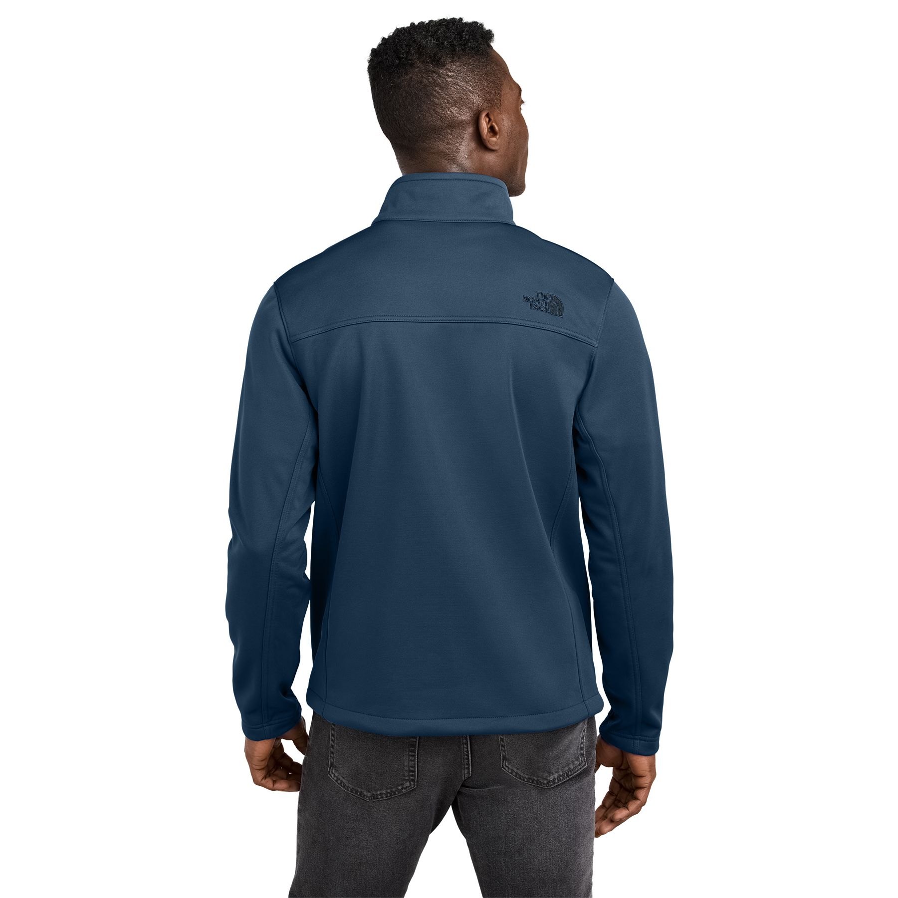 Shady Blue wind-resistant soft shell jacket made from recycled polyester with durable water-repellent finish, full-zip front, zippered hand pockets, and warm gridded fleece interior.
