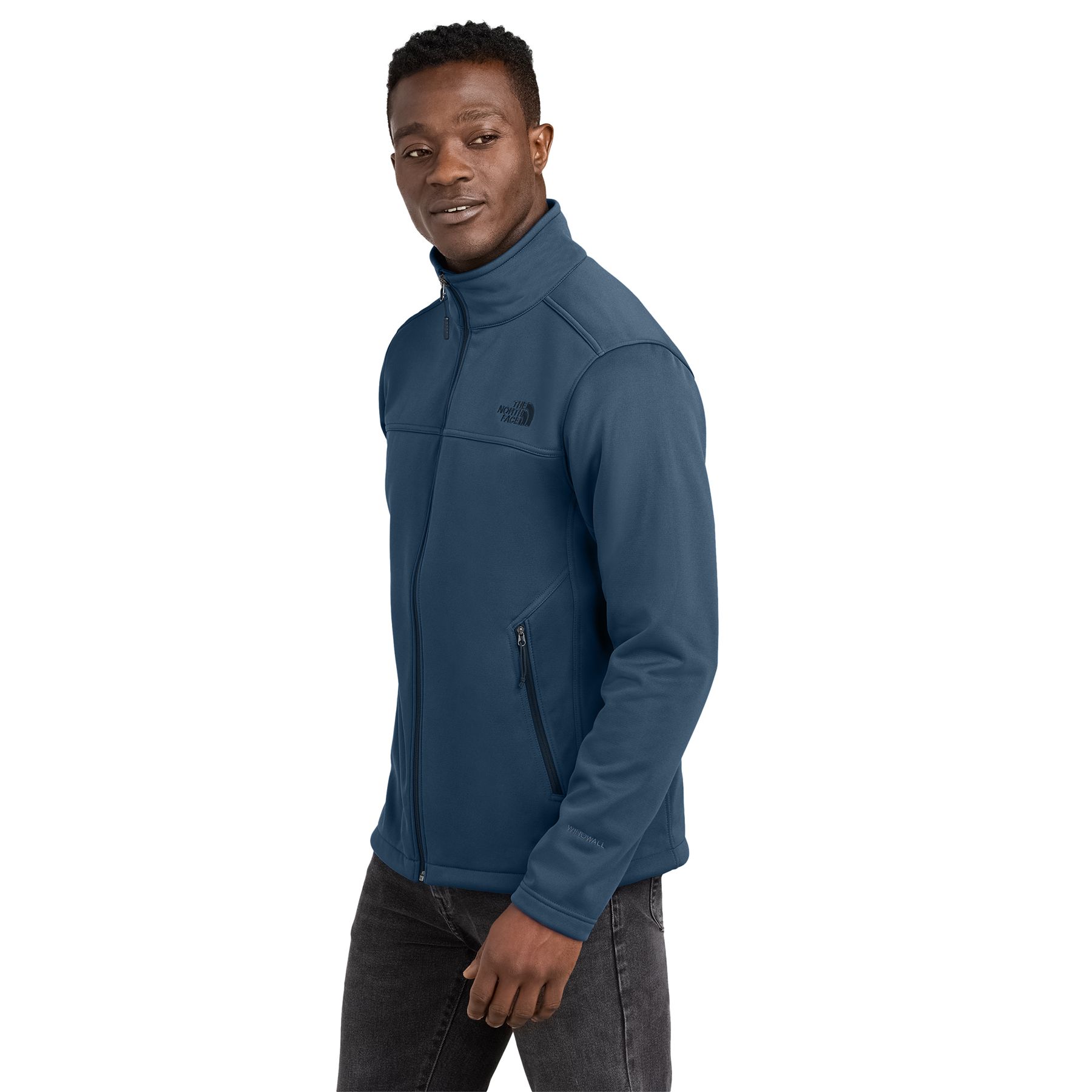 Shady Blue wind-resistant soft shell jacket made from recycled polyester with durable water-repellent finish, full-zip front, zippered hand pockets, and warm gridded fleece interior.