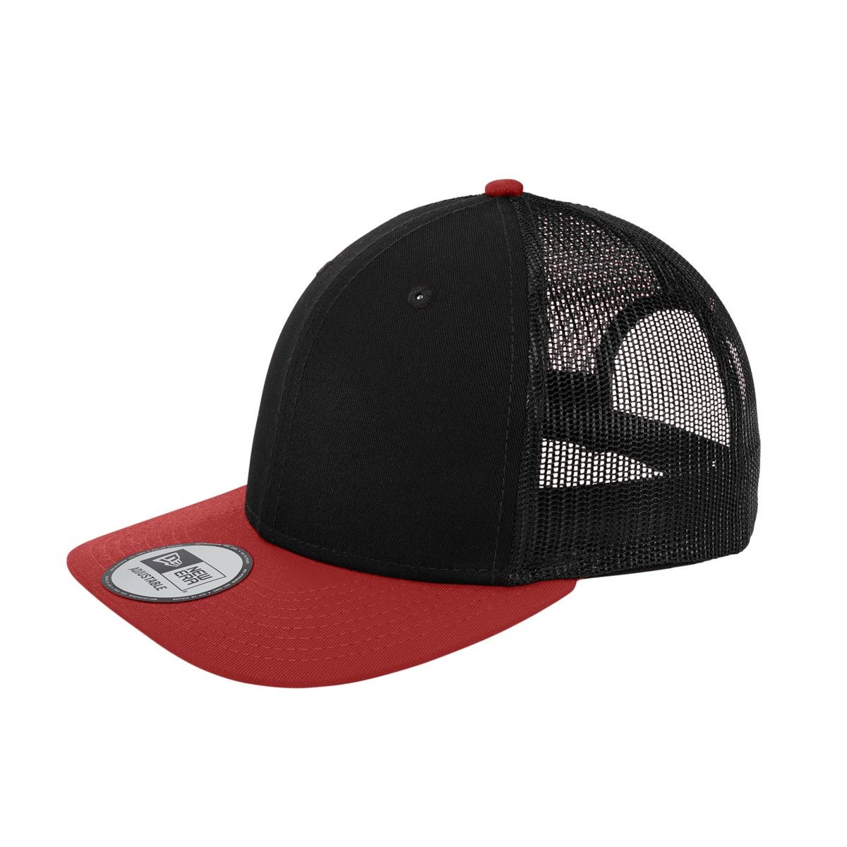 Black/Scarlet New Era® Snapback Low Profile Trucker Cap, featuring a structured low-profile front panel, breathable mesh back panels, curved visor, and adjustable snapback closure for casual wear and outdoor use.