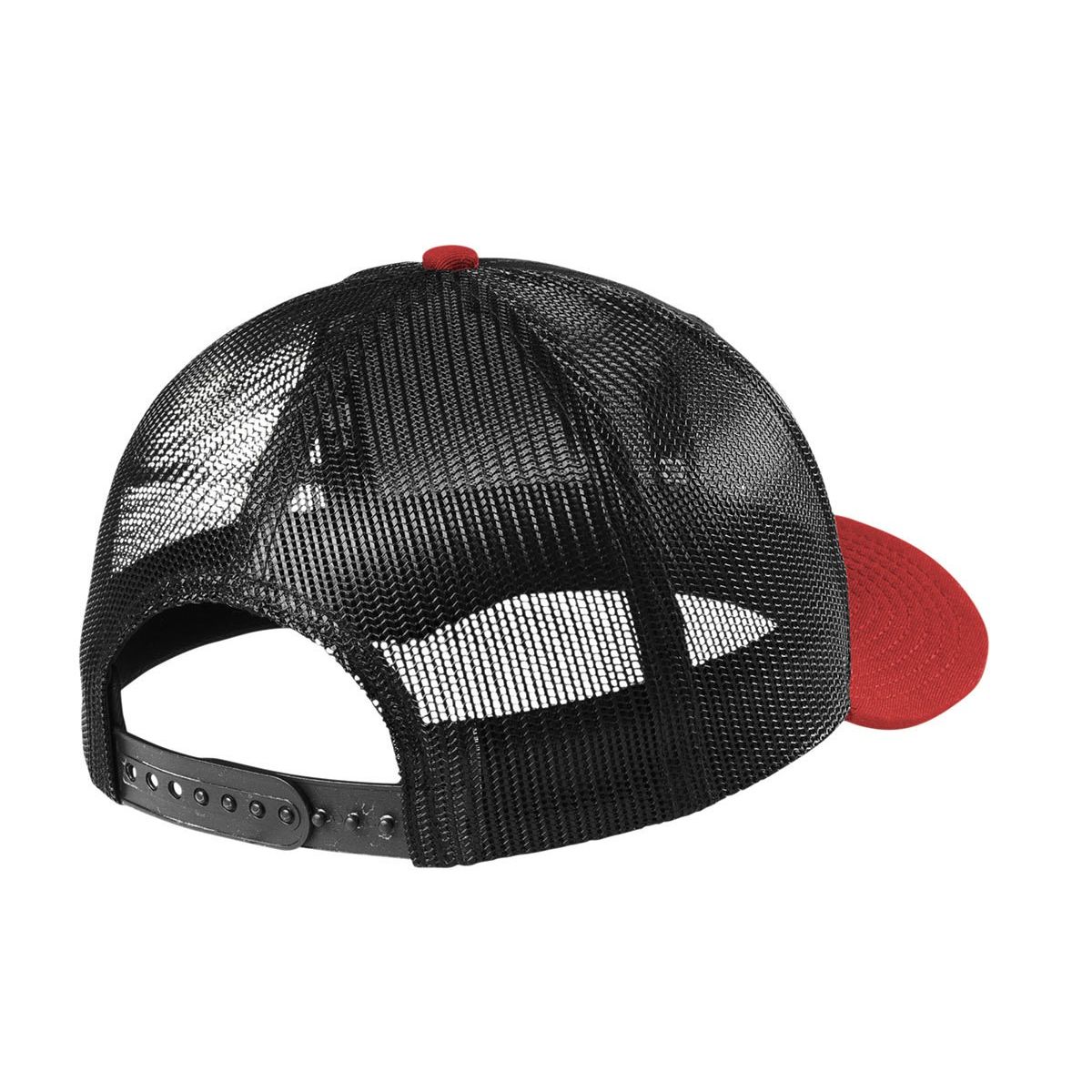 Black/Scarlet New Era® Snapback Low Profile Trucker Cap, featuring a structured low-profile front panel, breathable mesh back panels, curved visor, and adjustable snapback closure for casual wear and outdoor use.