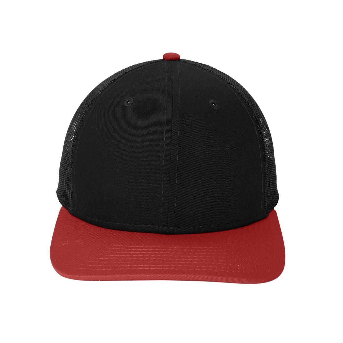 Black/Scarlet New Era® Snapback Low Profile Trucker Cap, featuring a structured low-profile front panel, breathable mesh back panels, curved visor, and adjustable snapback closure for casual wear and outdoor use.