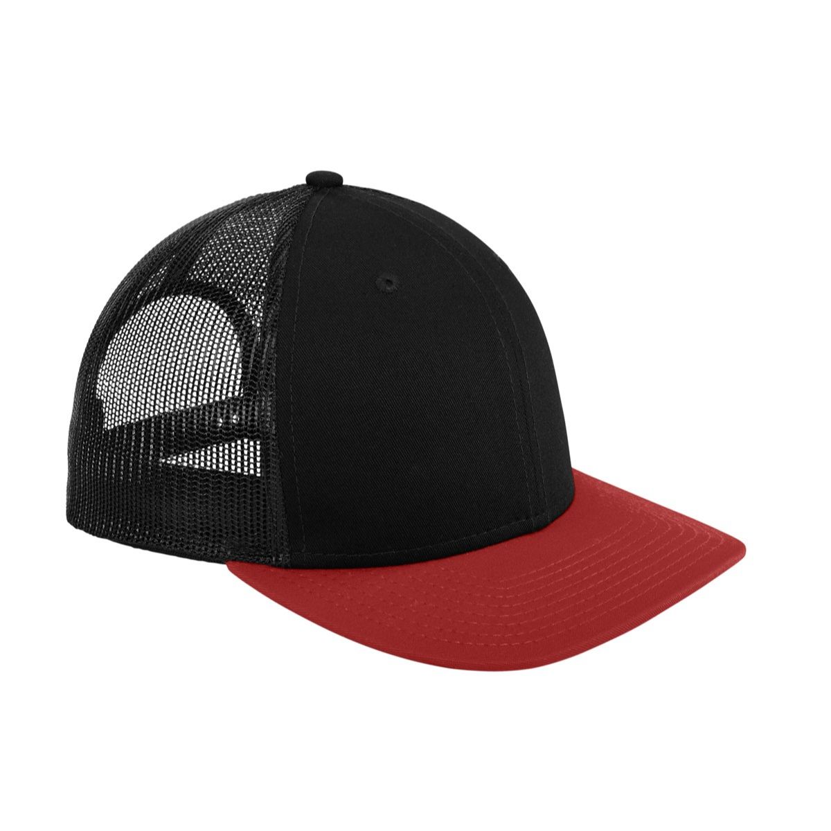 Black/Scarlet New Era® Snapback Low Profile Trucker Cap, featuring a structured low-profile front panel, breathable mesh back panels, curved visor, and adjustable snapback closure for casual wear and outdoor use.