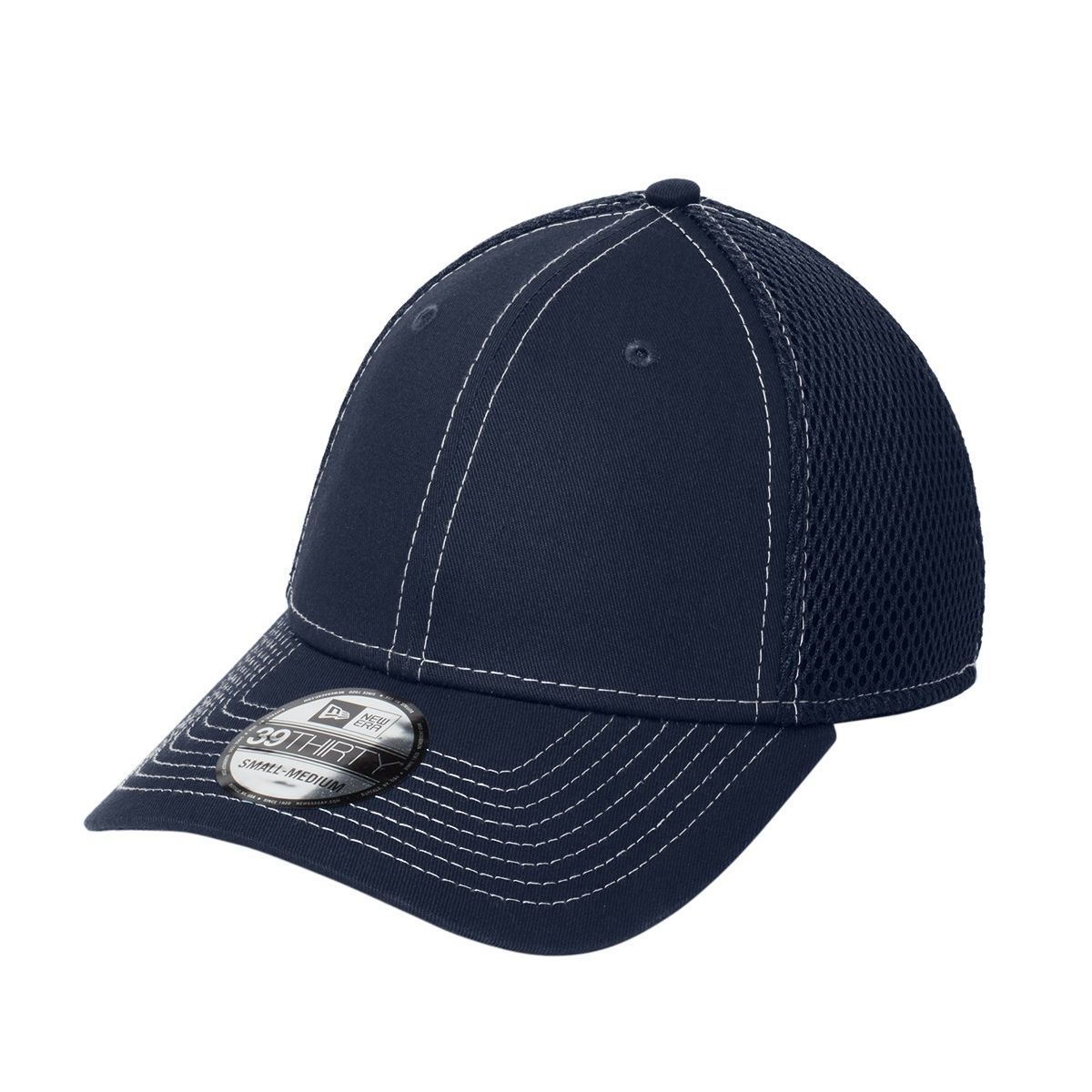 Deep Navy/White New Era® Stretch Mesh Contrast Stitch Cap, featuring a structured front panel with contrasting white stitching, breathable mesh back panels, a curved visor, and a stretch-fit design for comfortable everyday wear and outdoor activities.