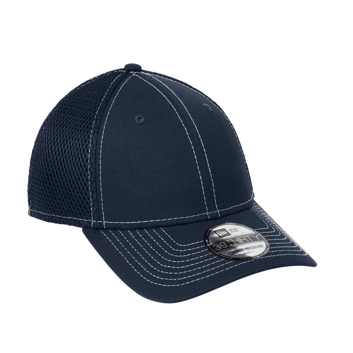 Deep Navy/White New Era® Stretch Mesh Contrast Stitch Cap, featuring a structured front panel with contrasting white stitching, breathable mesh back panels, a curved visor, and a stretch-fit design for comfortable everyday wear and outdoor activities.