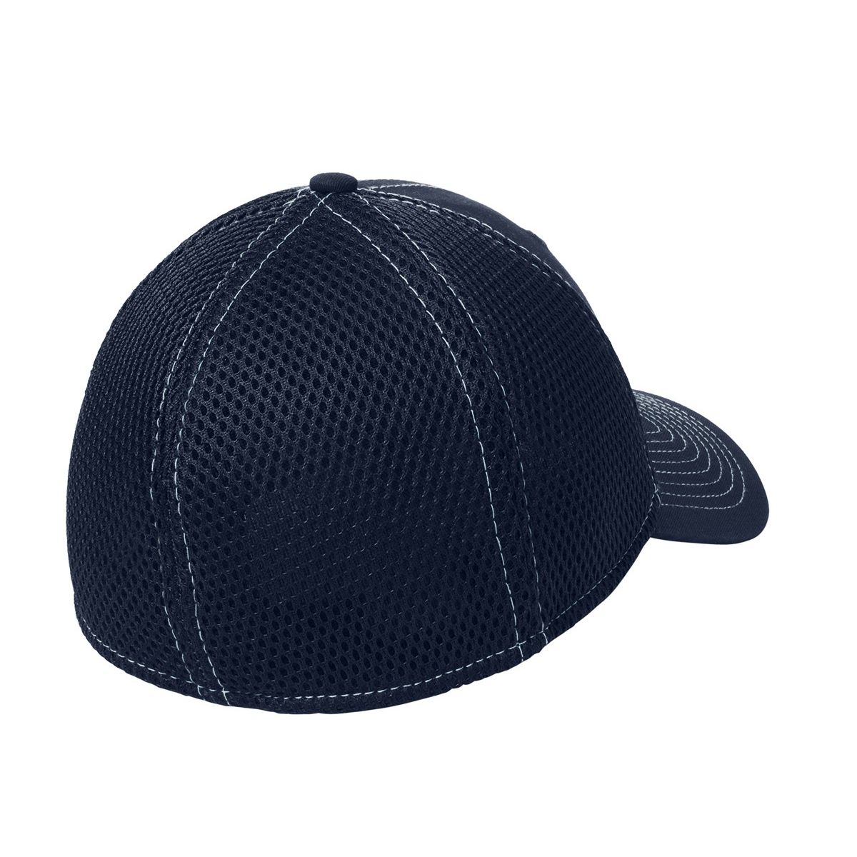Deep Navy/White New Era® Stretch Mesh Contrast Stitch Cap, featuring a structured front panel with contrasting white stitching, breathable mesh back panels, a curved visor, and a stretch-fit design for comfortable everyday wear and outdoor activities.