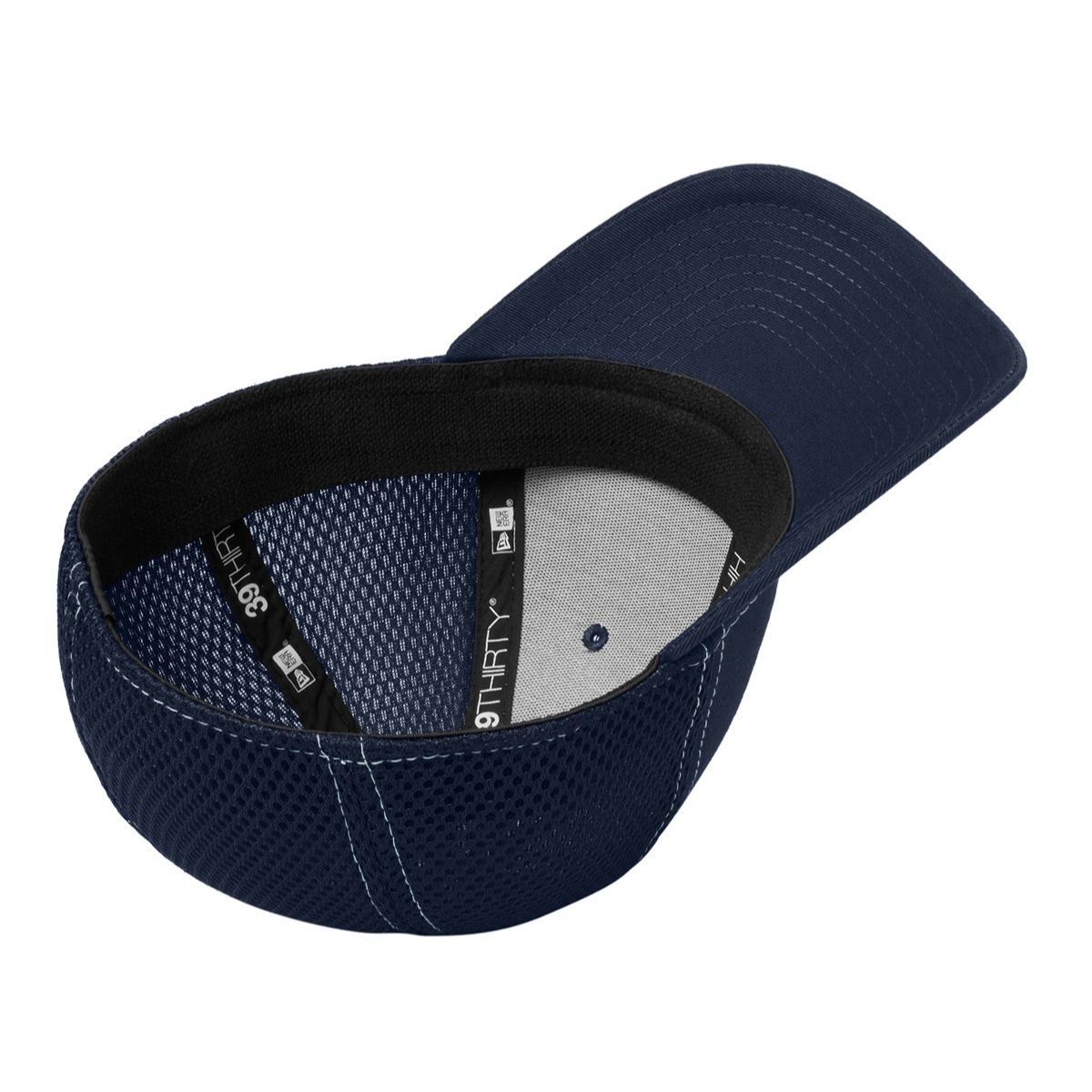 Deep Navy/White New Era® Stretch Mesh Contrast Stitch Cap, featuring a structured front panel with contrasting white stitching, breathable mesh back panels, a curved visor, and a stretch-fit design for comfortable everyday wear and outdoor activities.