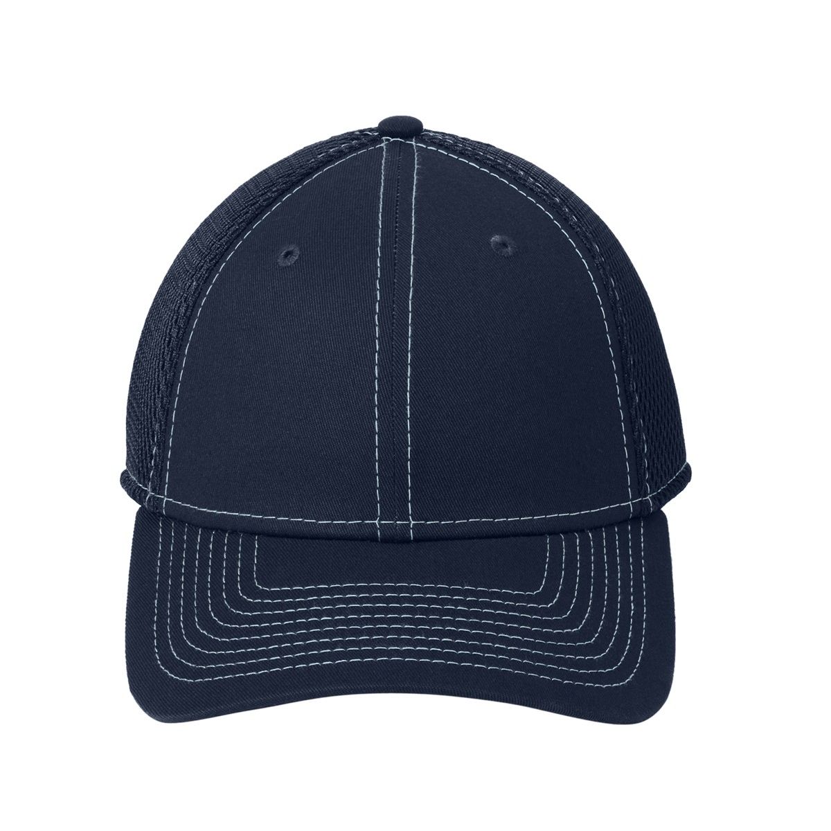 Deep Navy/White New Era® Stretch Mesh Contrast Stitch Cap, featuring a structured front panel with contrasting white stitching, breathable mesh back panels, a curved visor, and a stretch-fit design for comfortable everyday wear and outdoor activities.