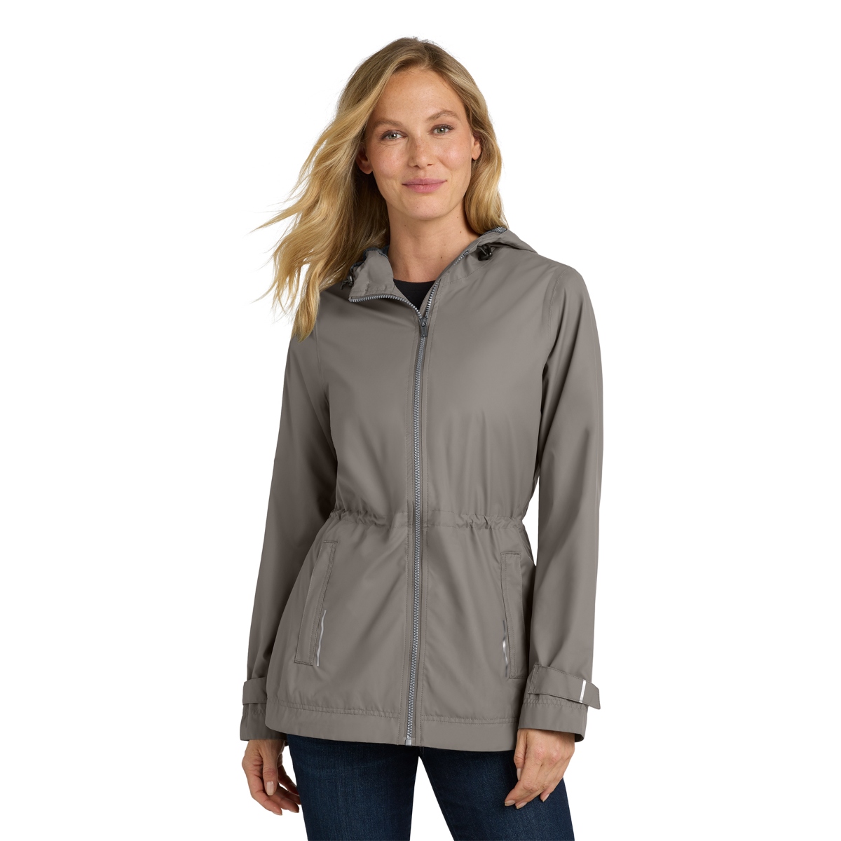 Water-resistant hooded rain jacket with a full-zip front, reflective details, adjustable cuffs, and a longer-length design for weather protection