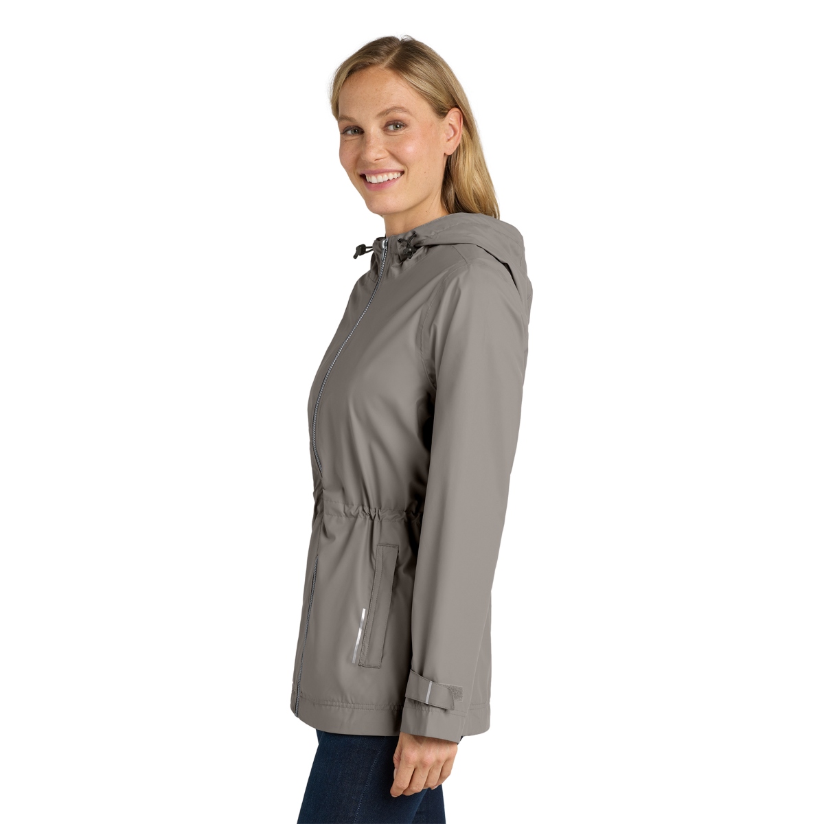 Water-resistant hooded rain jacket with a full-zip front, reflective details, adjustable cuffs, and a longer-length design for weather protection