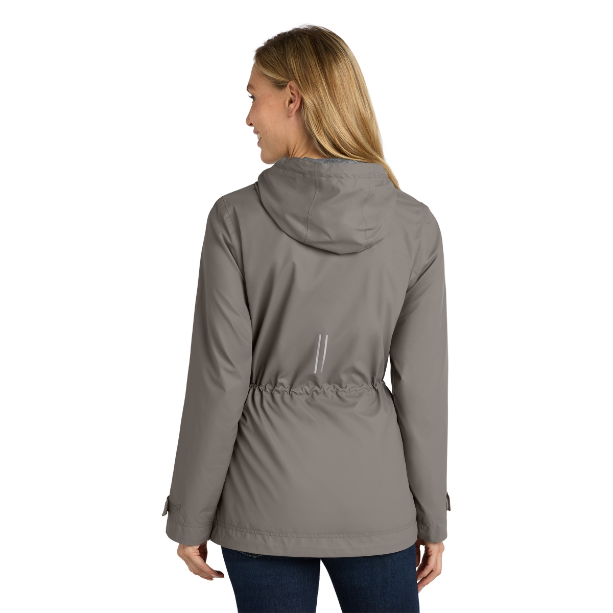 Water-resistant hooded rain jacket with a full-zip front, reflective details, adjustable cuffs, and a longer-length design for weather protection
