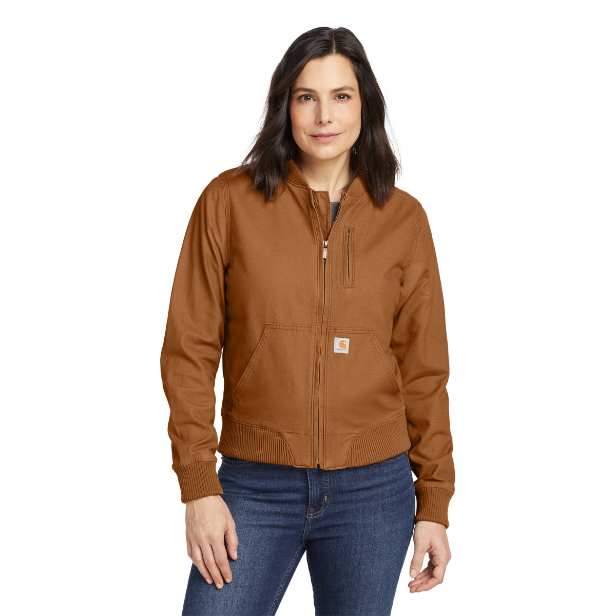 Women’s Carhartt bomber jacket in Carhartt Brown, featuring durable stretch canvas fabric, a rib-knit collar, cuffs and waistband, zip-front closure, and multiple utility pockets.