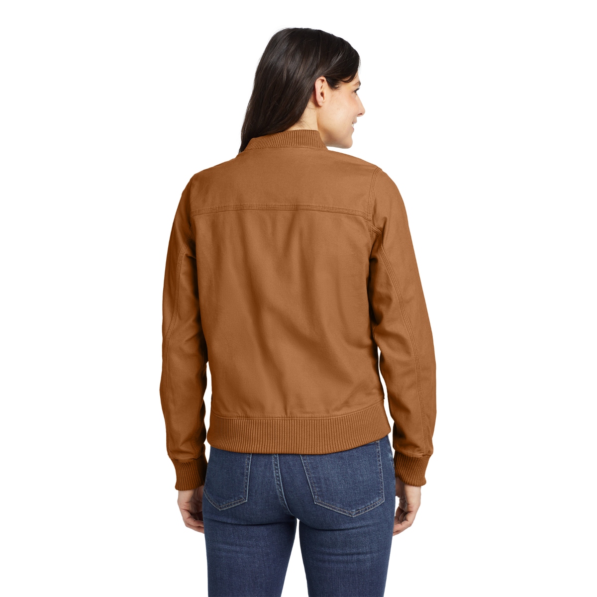 Women’s Carhartt bomber jacket in Carhartt Brown, featuring durable stretch canvas fabric, a rib-knit collar, cuffs and waistband, zip-front closure, and multiple utility pockets.
