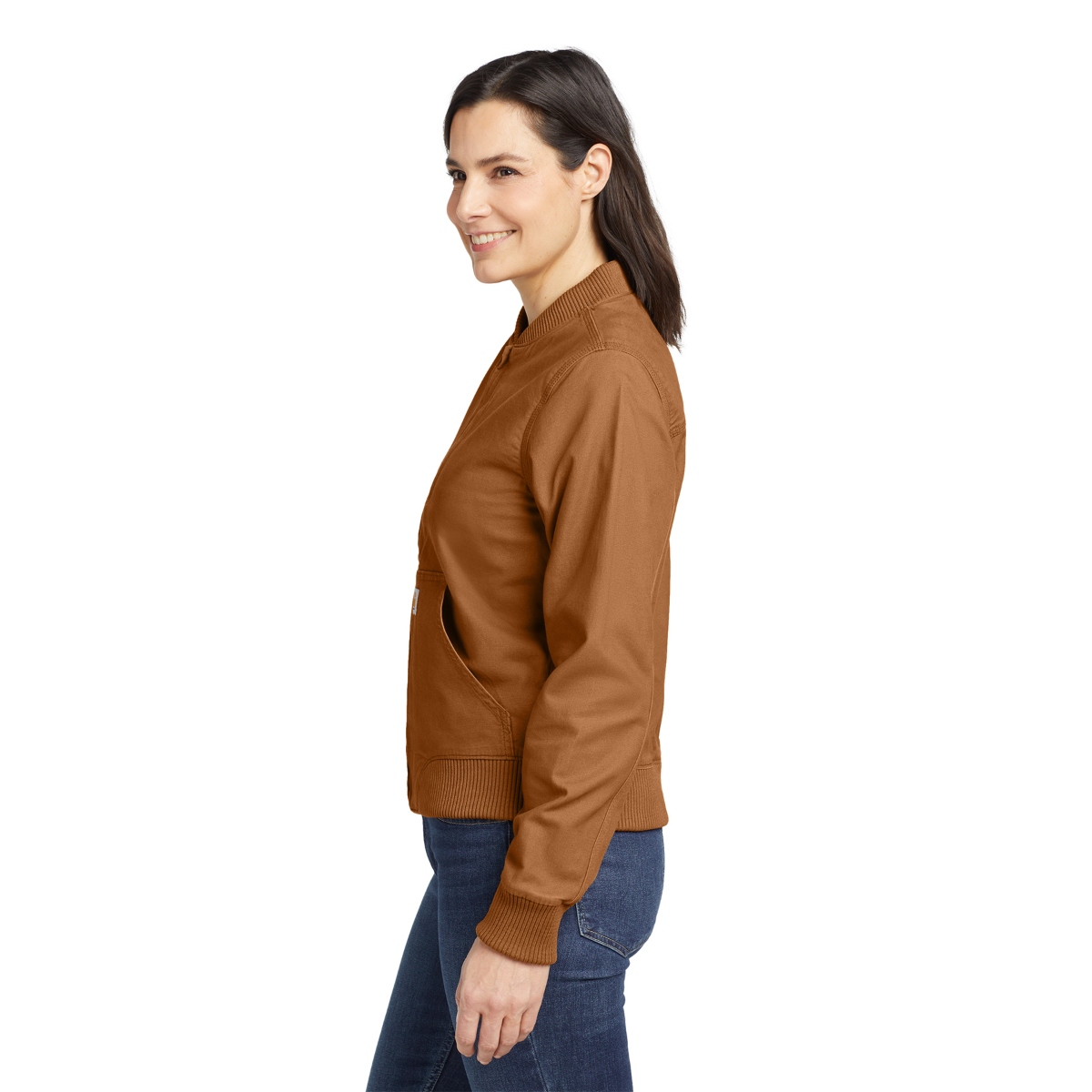 Women’s Carhartt bomber jacket in Carhartt Brown, featuring durable stretch canvas fabric, a rib-knit collar, cuffs and waistband, zip-front closure, and multiple utility pockets.