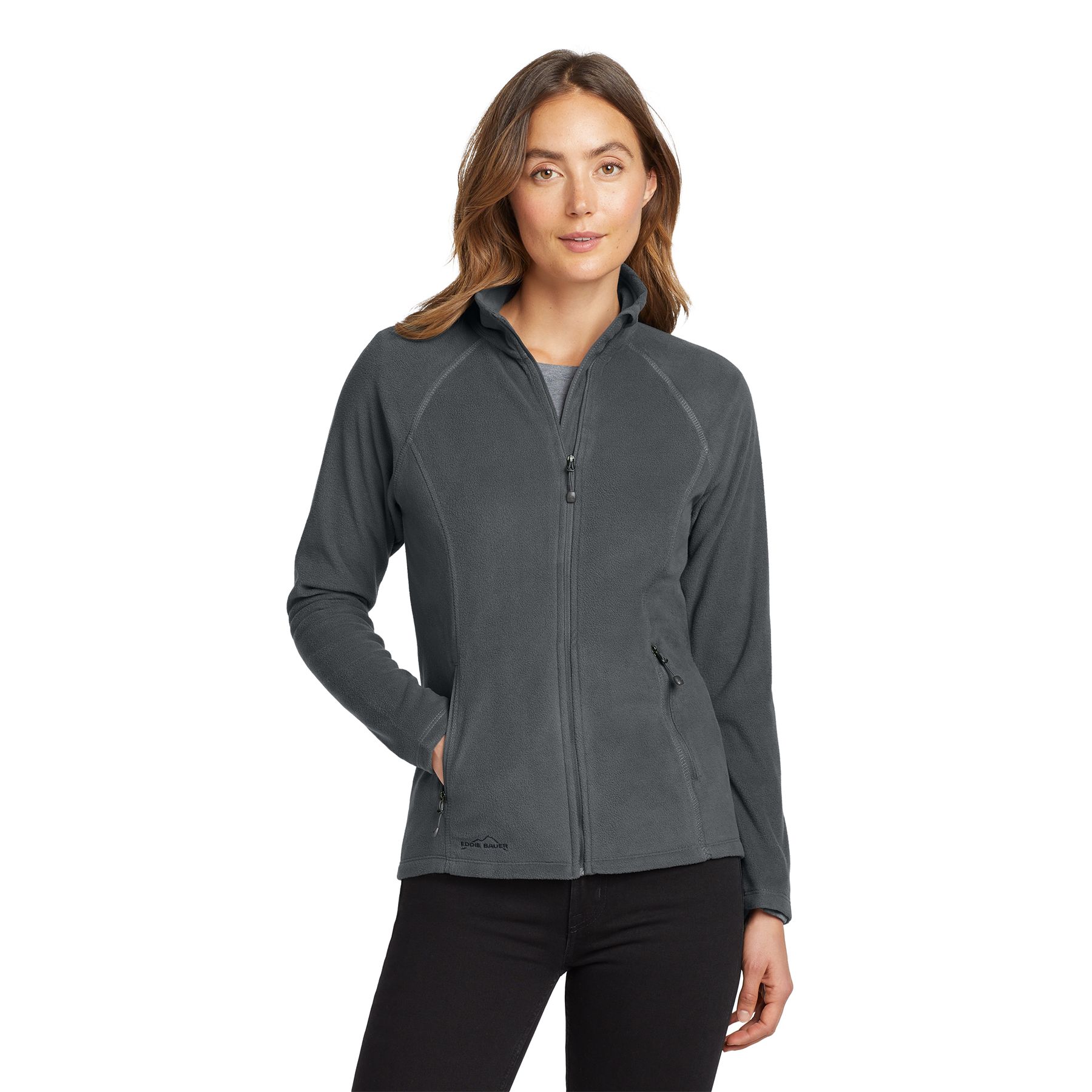 Gray Steel Eddie Bauer® Women’s Full-Zip Microfleece Jacket, featuring soft lightweight microfleece fabric, a full-zip front, stand collar, and zippered hand pockets for everyday comfort, layering, and cool-weather wear.