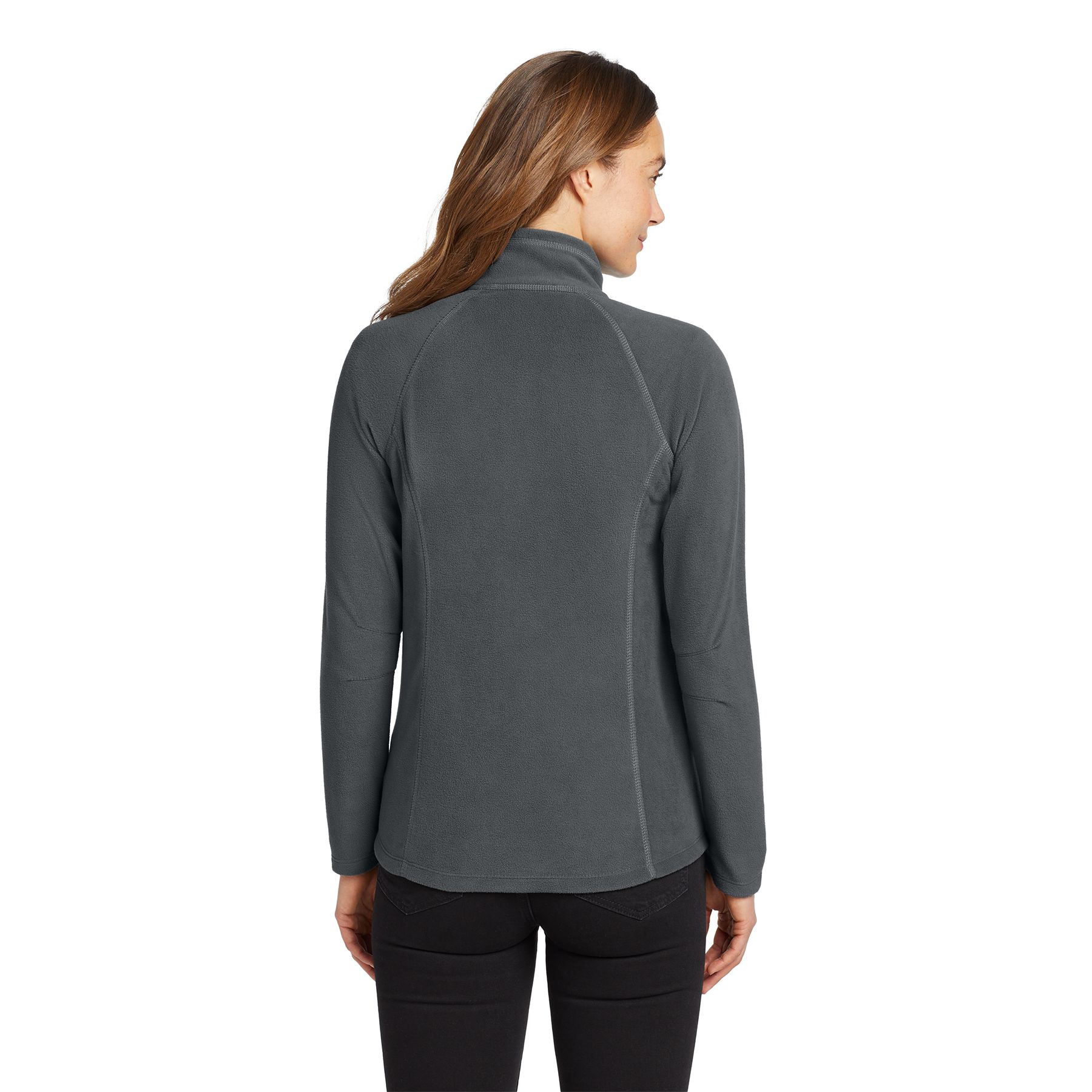 Gray Steel Eddie Bauer® Women’s Full-Zip Microfleece Jacket, featuring soft lightweight microfleece fabric, a full-zip front, stand collar, and zippered hand pockets for everyday comfort, layering, and cool-weather wear.