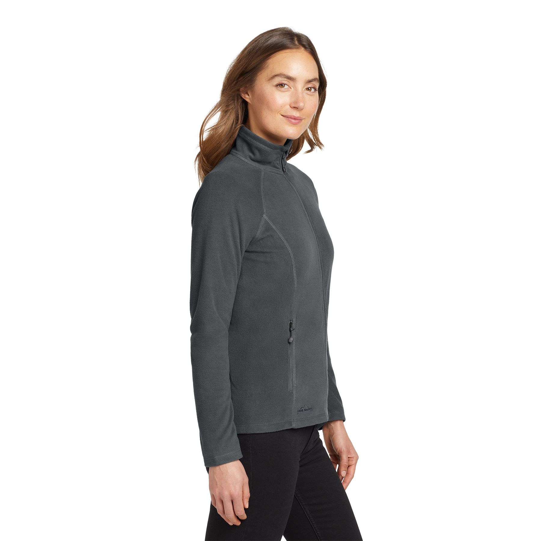 Gray Steel Eddie Bauer® Women’s Full-Zip Microfleece Jacket, featuring soft lightweight microfleece fabric, a full-zip front, stand collar, and zippered hand pockets for everyday comfort, layering, and cool-weather wear.