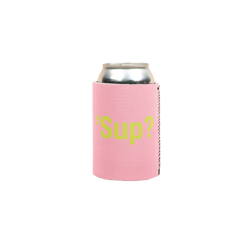 Pastel pink neoprene can insulator featuring thick insulated neoprene construction, a single seam, and a glued-in bottom.