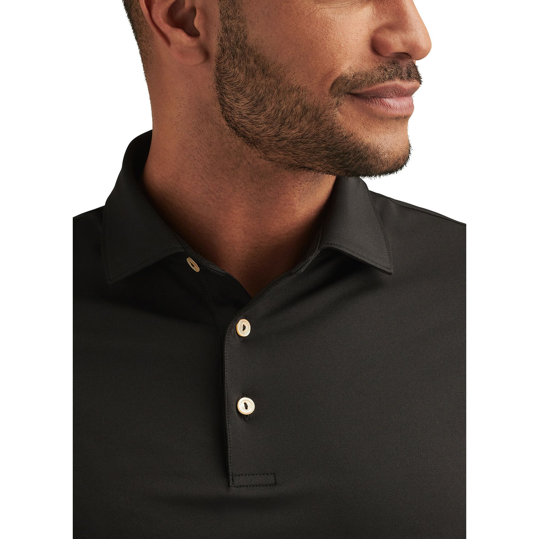 Black Peter Millar Men’s Solid Performance Polo, featuring a short-sleeve design with a self-fabric collar, three-button placket, and smooth performance fabric intended for comfortable everyday wear, golf, and business casual use.
