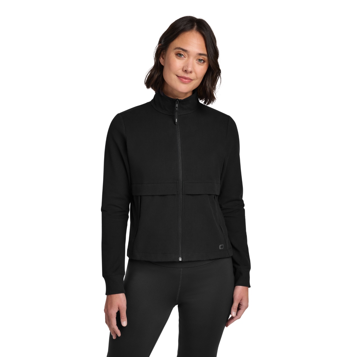 Full-zip knit bomber-style jacket featuring a zip-through collar, rib-knit cuffs, zippered pockets, and a modern stretch design.