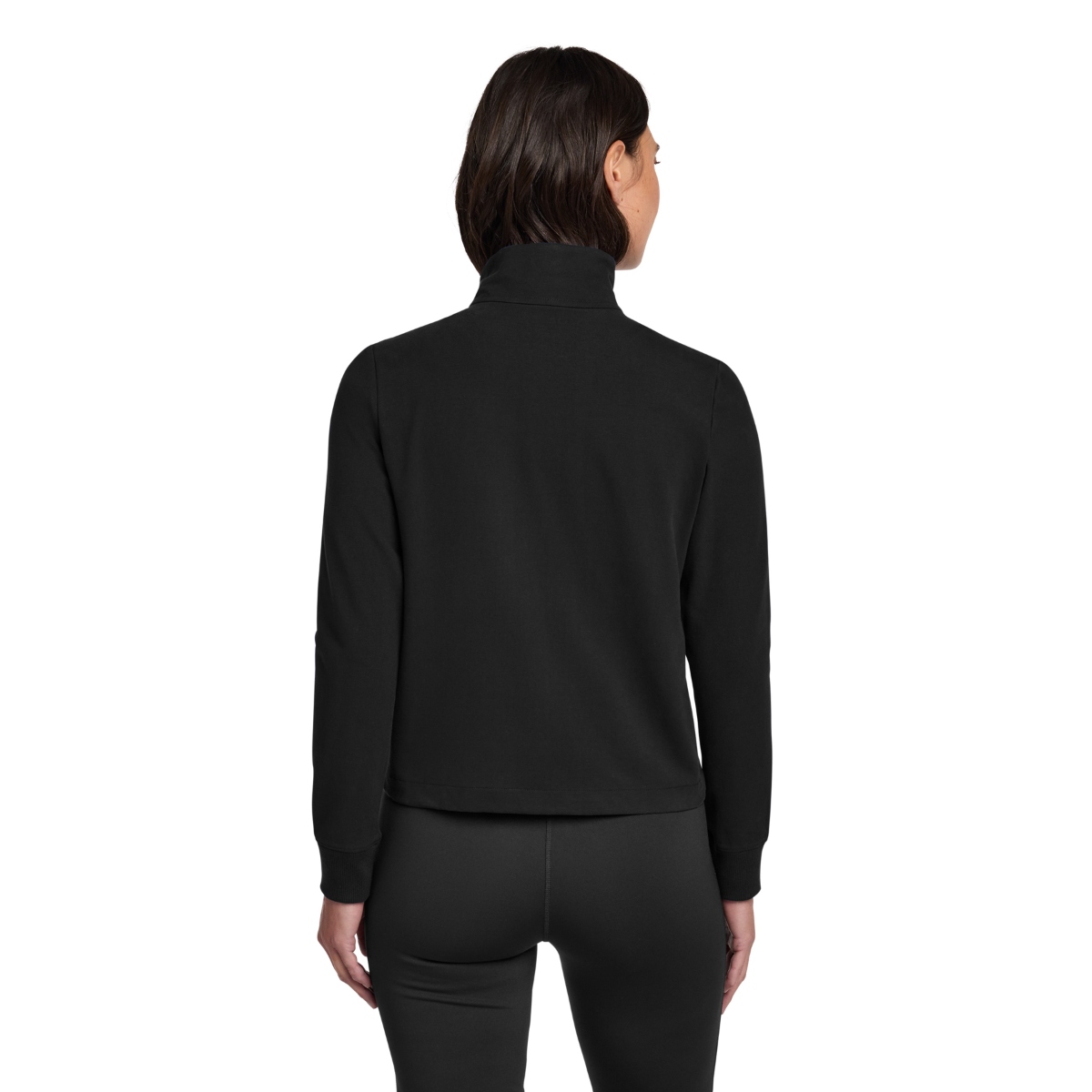 Full-zip knit bomber-style jacket featuring a zip-through collar, rib-knit cuffs, zippered pockets, and a modern stretch design.