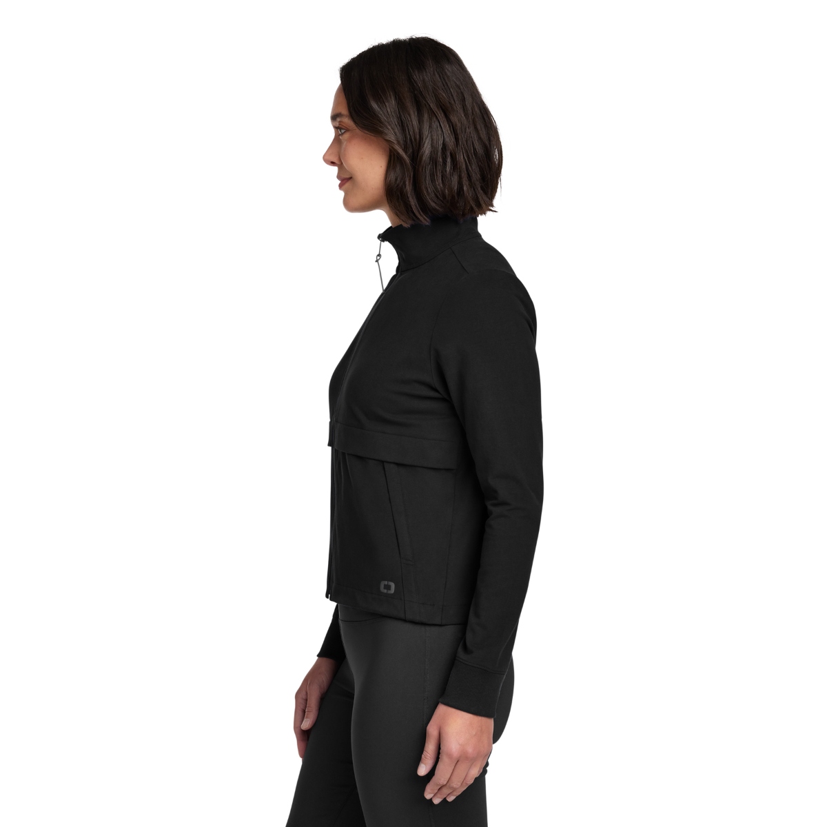 Full-zip knit bomber-style jacket featuring a zip-through collar, rib-knit cuffs, zippered pockets, and a modern stretch design.