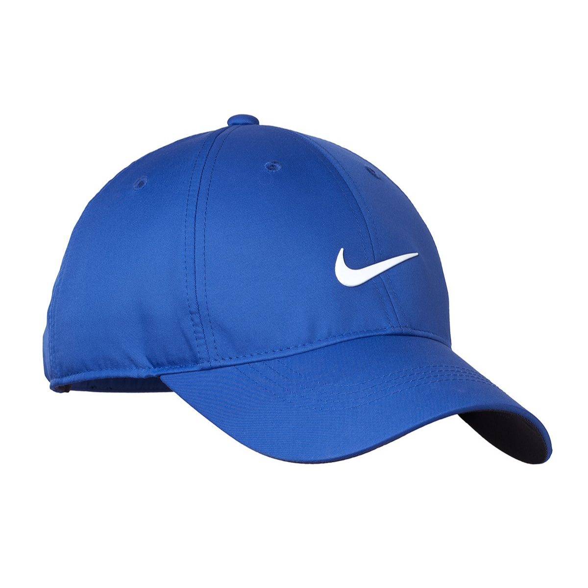 Game Royal and white Dri-FIT polyester performance cap with moisture-wicking fabric, low-profile unstructured crown, contrast underbill, and adjustable hook-and-loop closure.