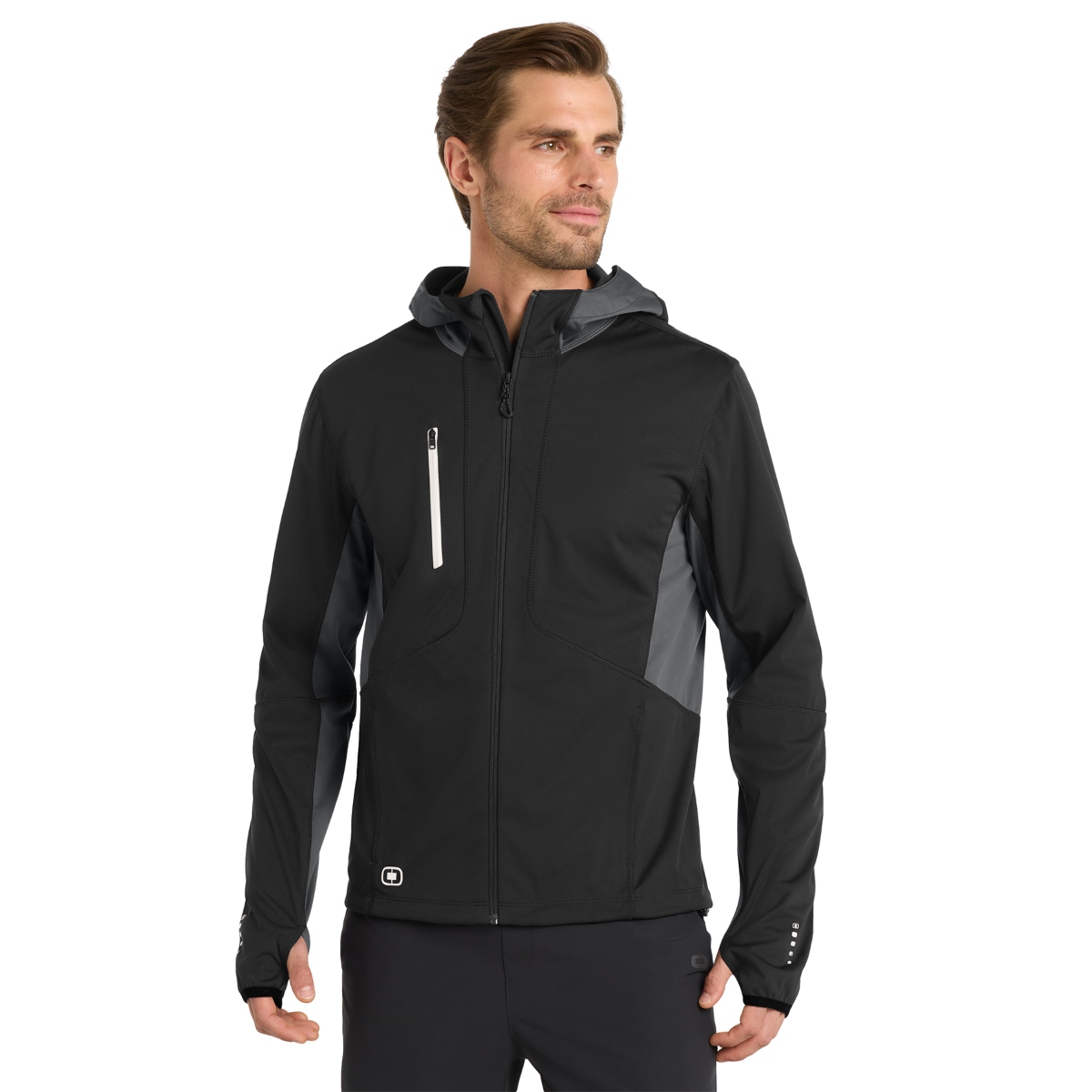 Water-resistant performance jacket with an adjustable hood, full-zip front, reflective details, zippered pockets, and thumbhole cuffs for enhanced comfort and visibility