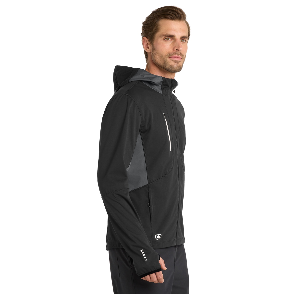 Water-resistant performance jacket with an adjustable hood, full-zip front, reflective details, zippered pockets, and thumbhole cuffs for enhanced comfort and visibility