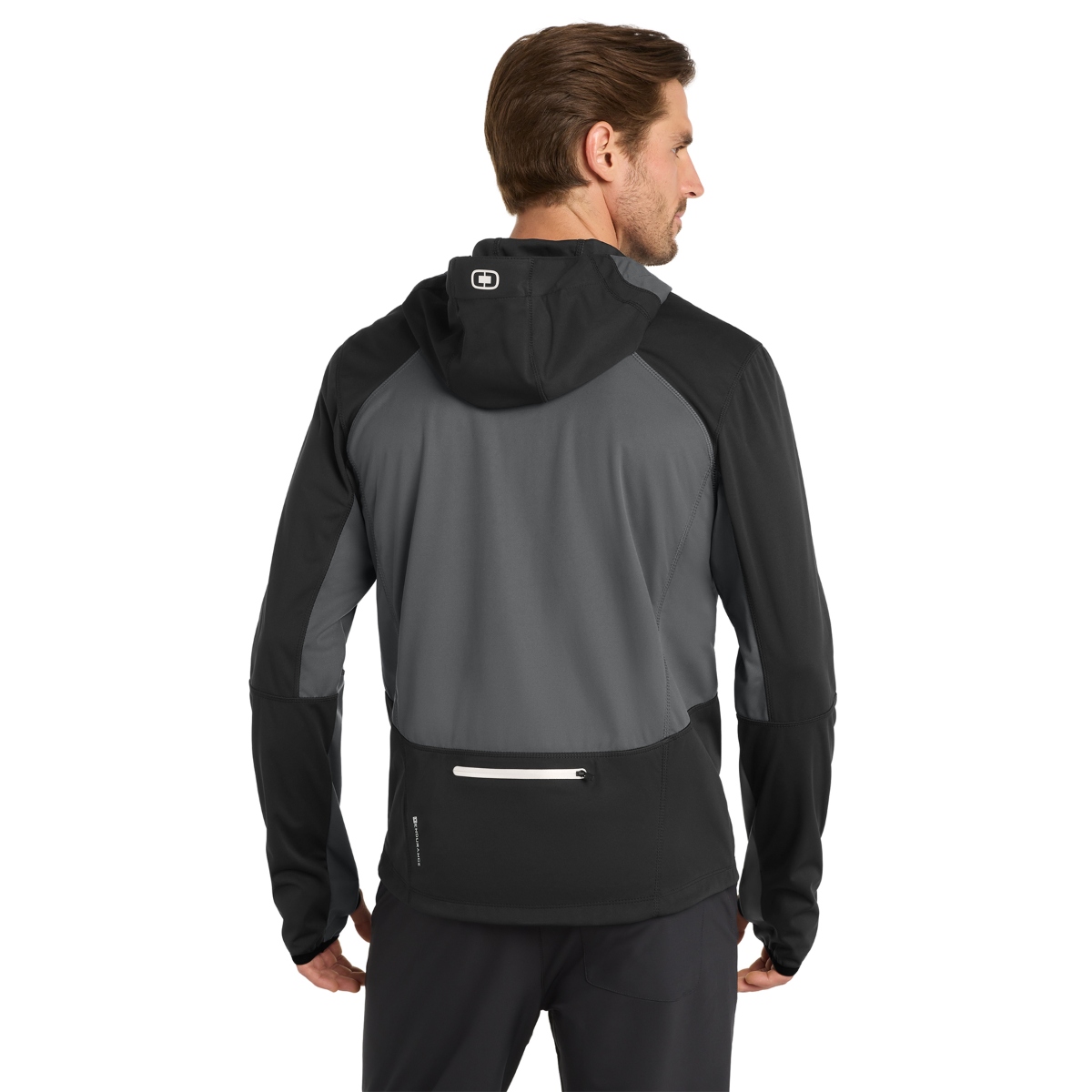 Water-resistant performance jacket with an adjustable hood, full-zip front, reflective details, zippered pockets, and thumbhole cuffs for enhanced comfort and visibility