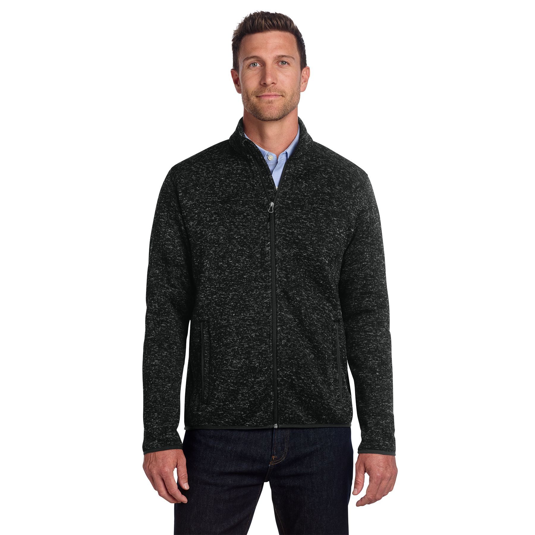 Black Heather Port Authority® Sweater Fleece Jacket, featuring soft sweater-knit fleece fabric, a full-zip front, stand collar, and zippered hand pockets for warm layering and everyday casual wear.