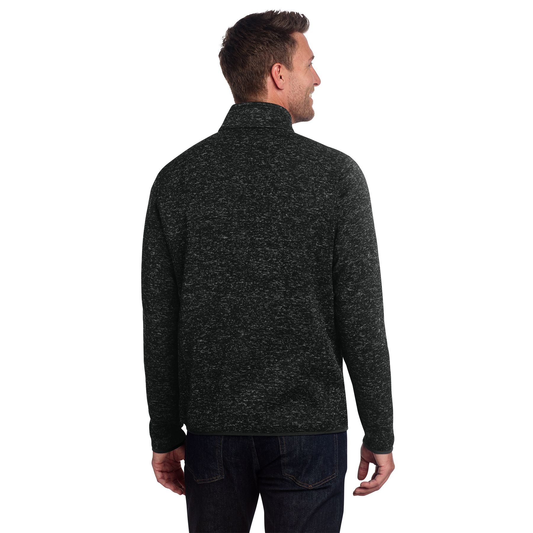 Black Heather Port Authority® Sweater Fleece Jacket, featuring soft sweater-knit fleece fabric, a full-zip front, stand collar, and zippered hand pockets for warm layering and everyday casual wear.