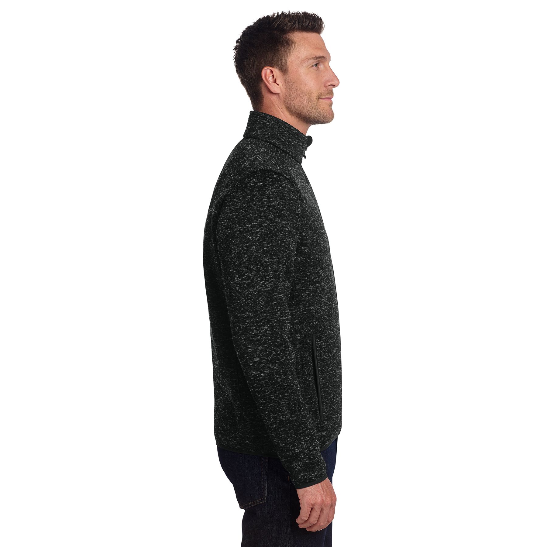 Black Heather Port Authority® Sweater Fleece Jacket, featuring soft sweater-knit fleece fabric, a full-zip front, stand collar, and zippered hand pockets for warm layering and everyday casual wear.