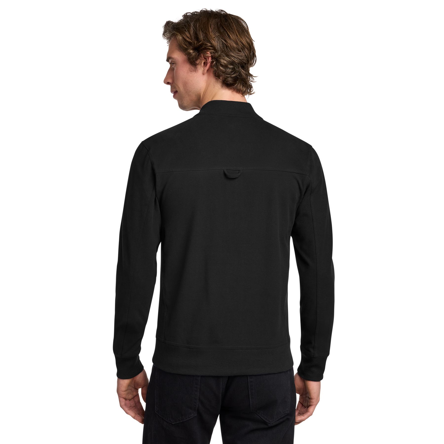 Blacktop OGIO® Outstretch Full-Zip jacket, featuring a lightweight stretch fabric, full-zip front, stand collar, and zippered pockets for active wear, travel, and everyday layering.