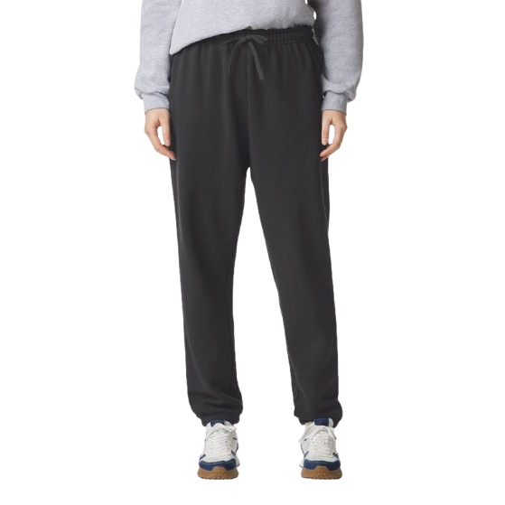 Black recycled polyester and cotton fleece sweatpants with relaxed fit, elastic waistband, flat drawcord, side pockets, and elastic cuffed leg openings.